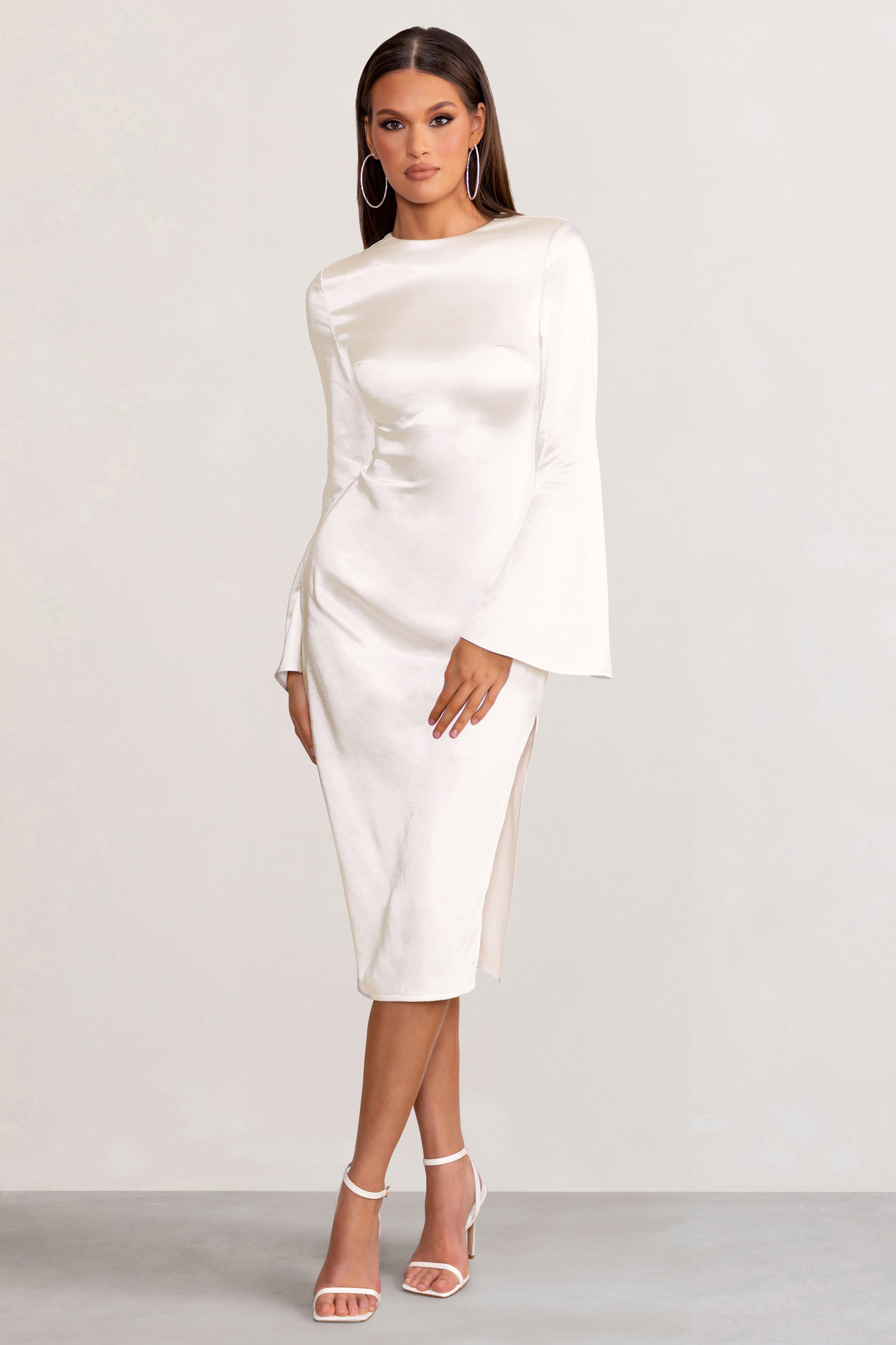 Zaina | White Long Sleeve Midi Dress with High Neckline