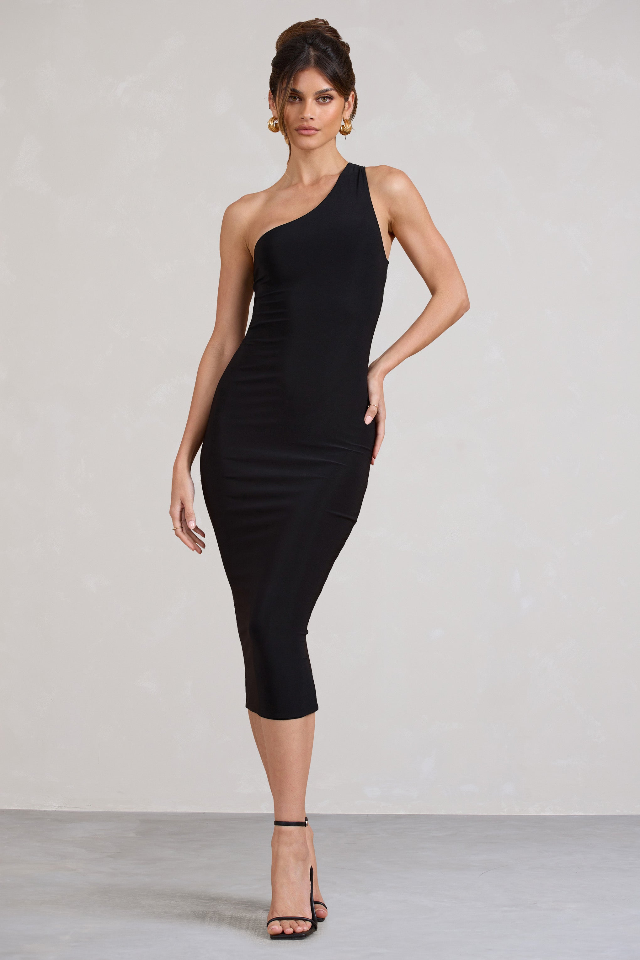 Vineyard | Black Asymmetric Backless Bodycon Midi Dress