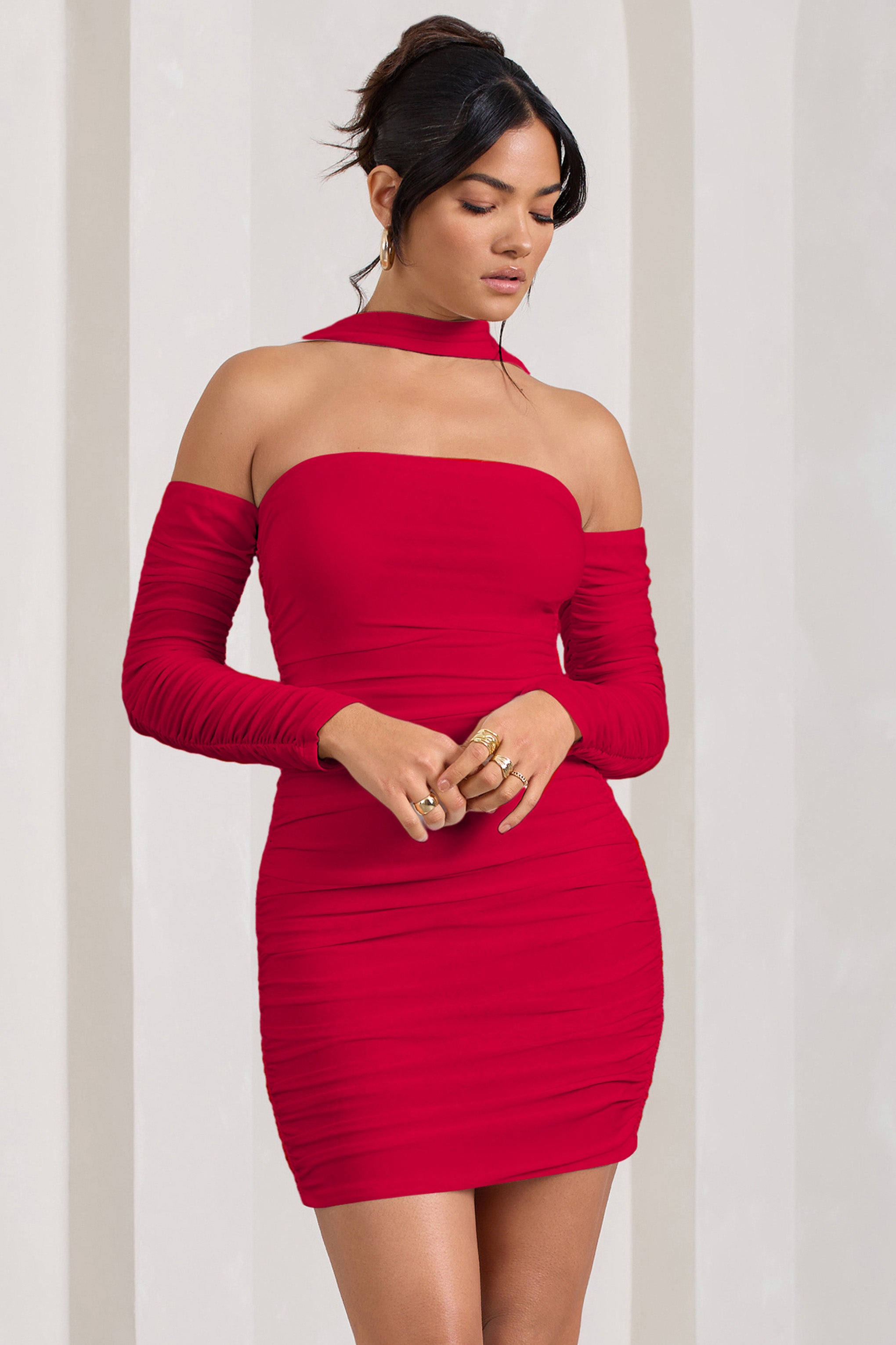 Thea | Red Ruched Long-Sleeved Bodycon Mini Dress With Halter Collar product