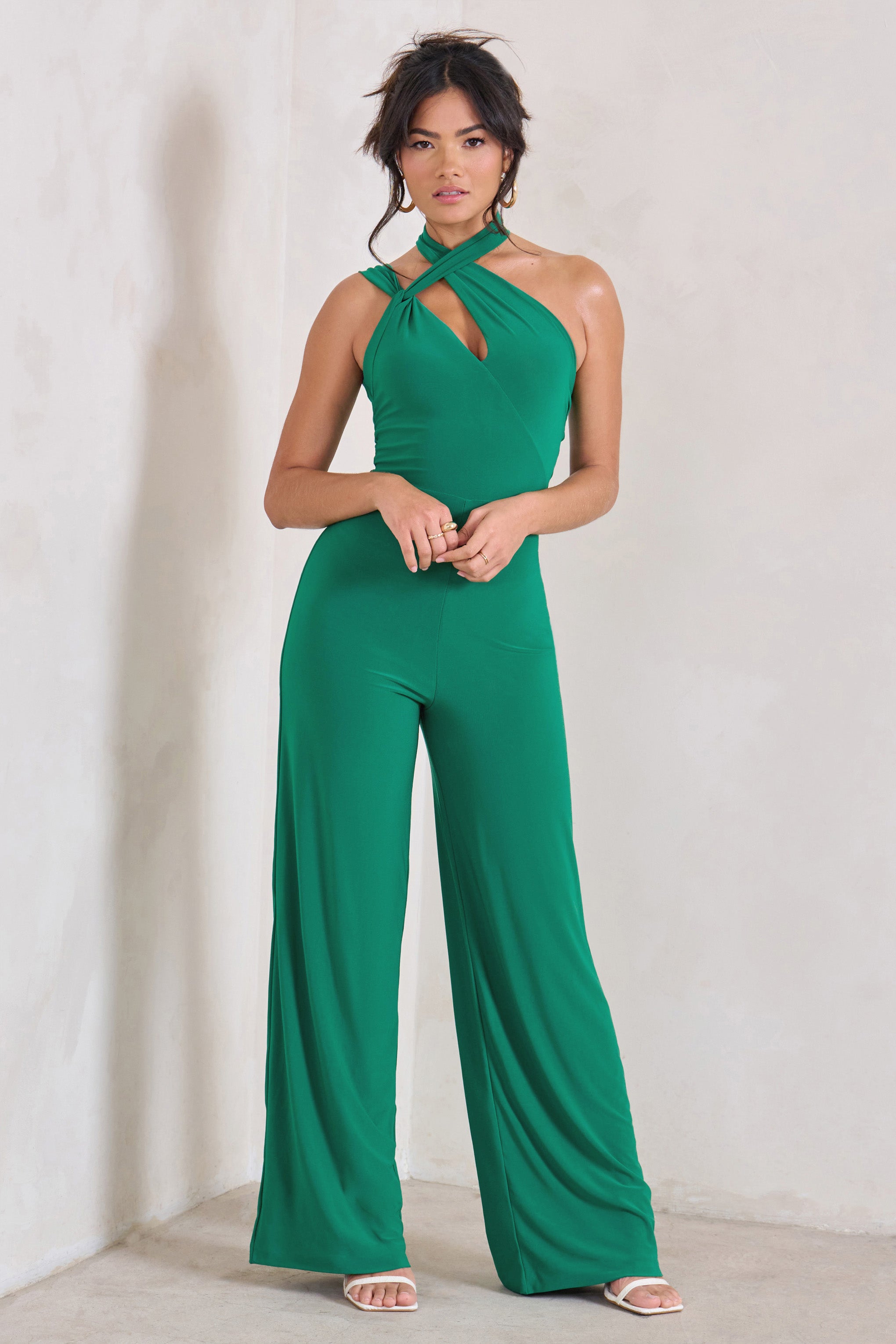 Tilly | Green Cut Out Halterneck Asymmetrical Jumpsuit product