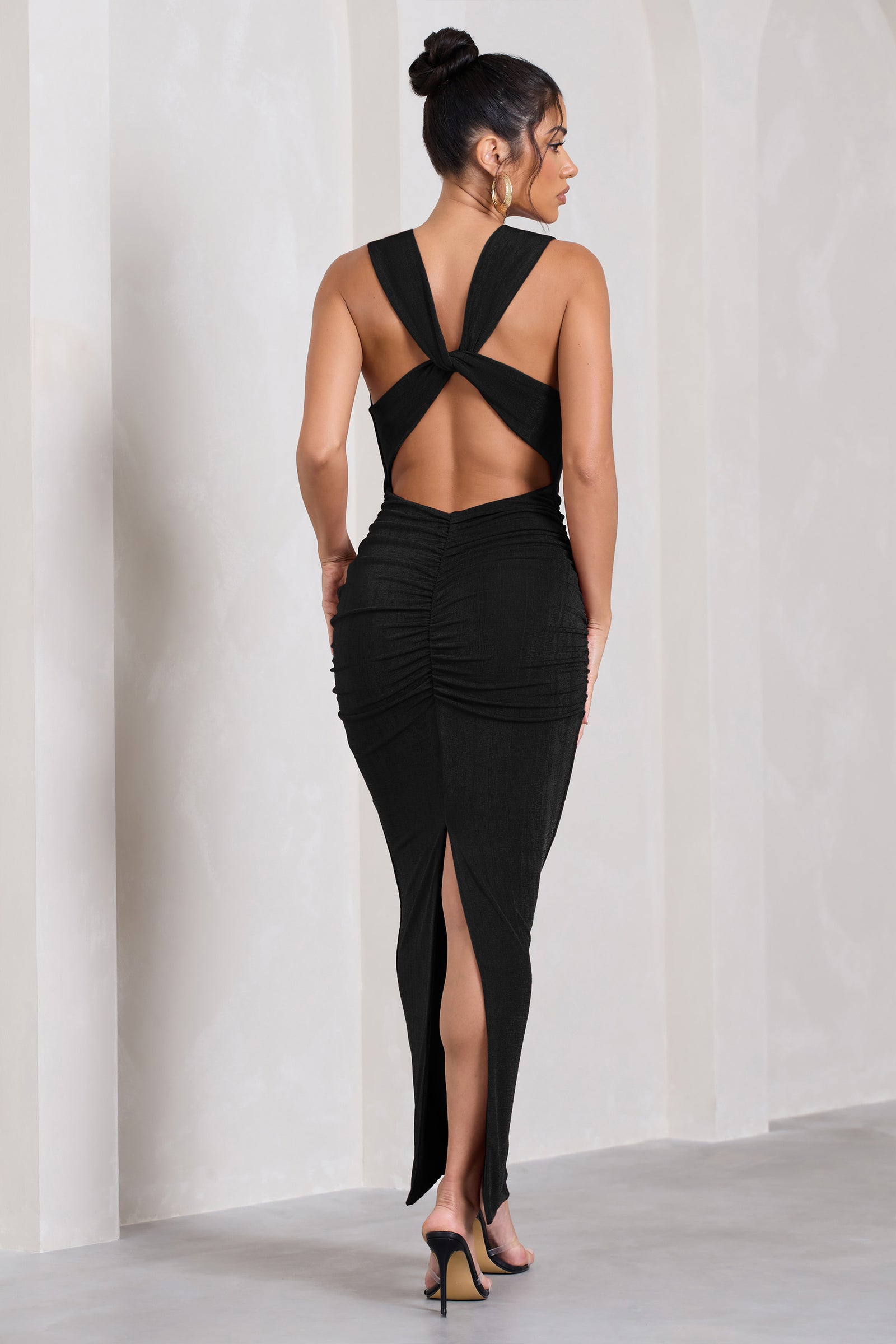 Finely Formed Black Ruched Cowl-Neck Bodycon Maxi Dress – Club L