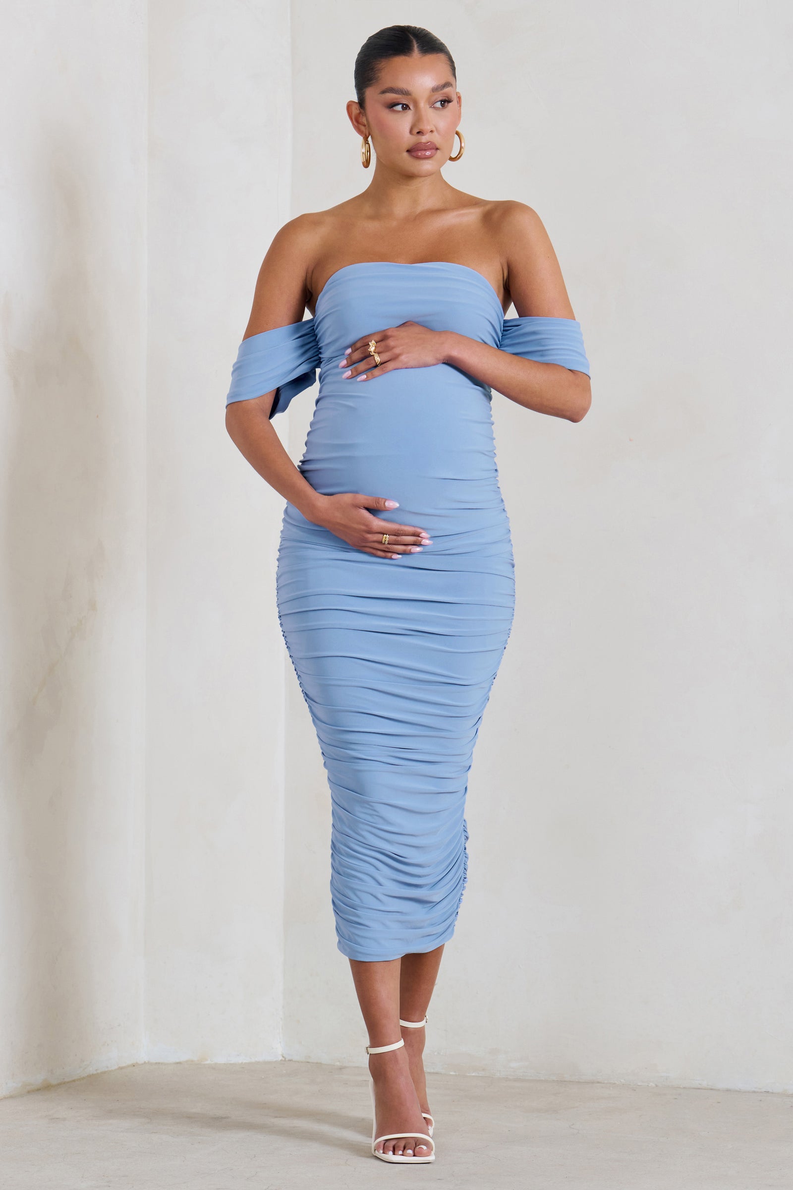 Count Down | Powder Blue Maternity Ruched Mesh Bardot Jumpsuit