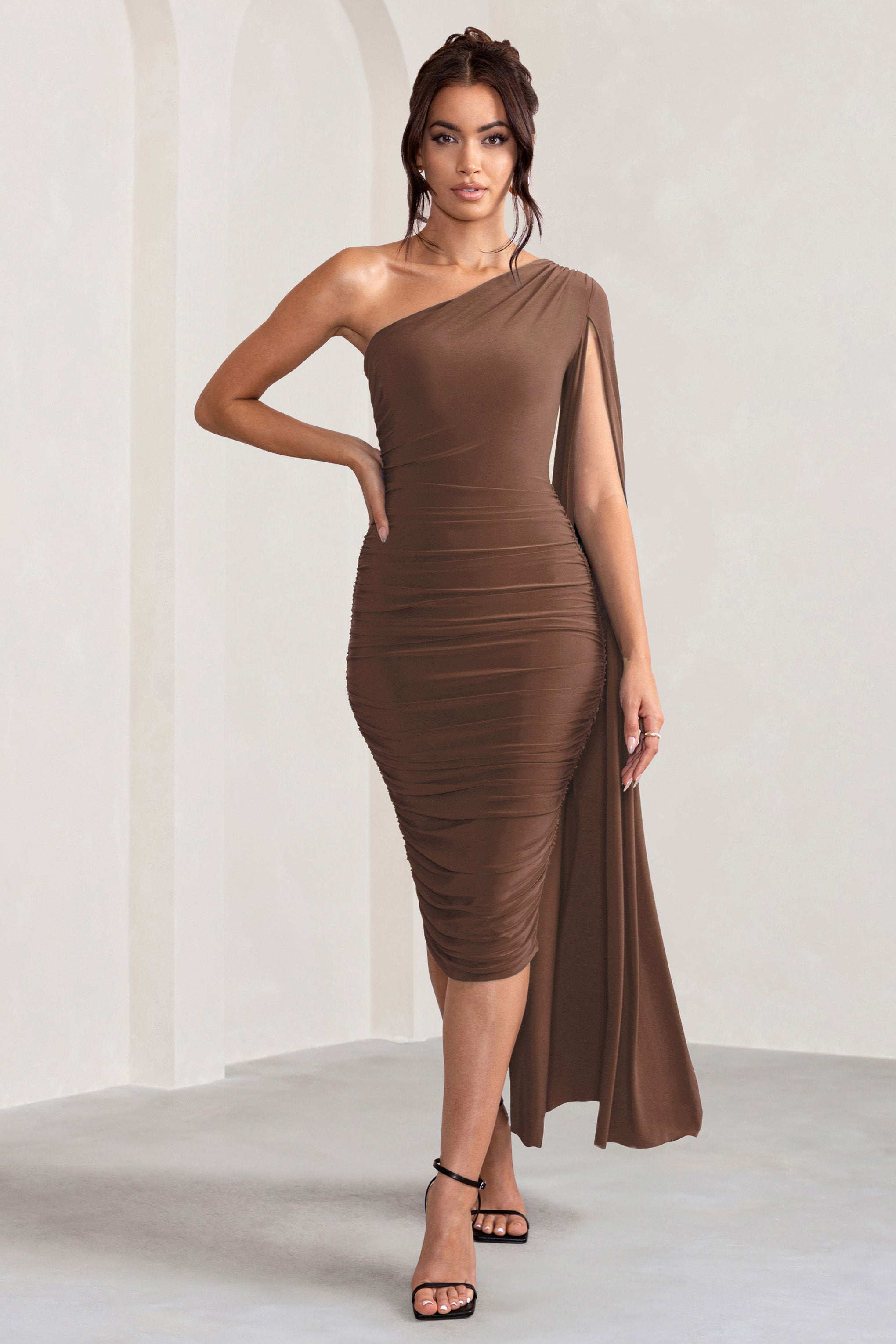 Yara | Chocolate Brown One Shoulder Cape Ruched Midi Dress