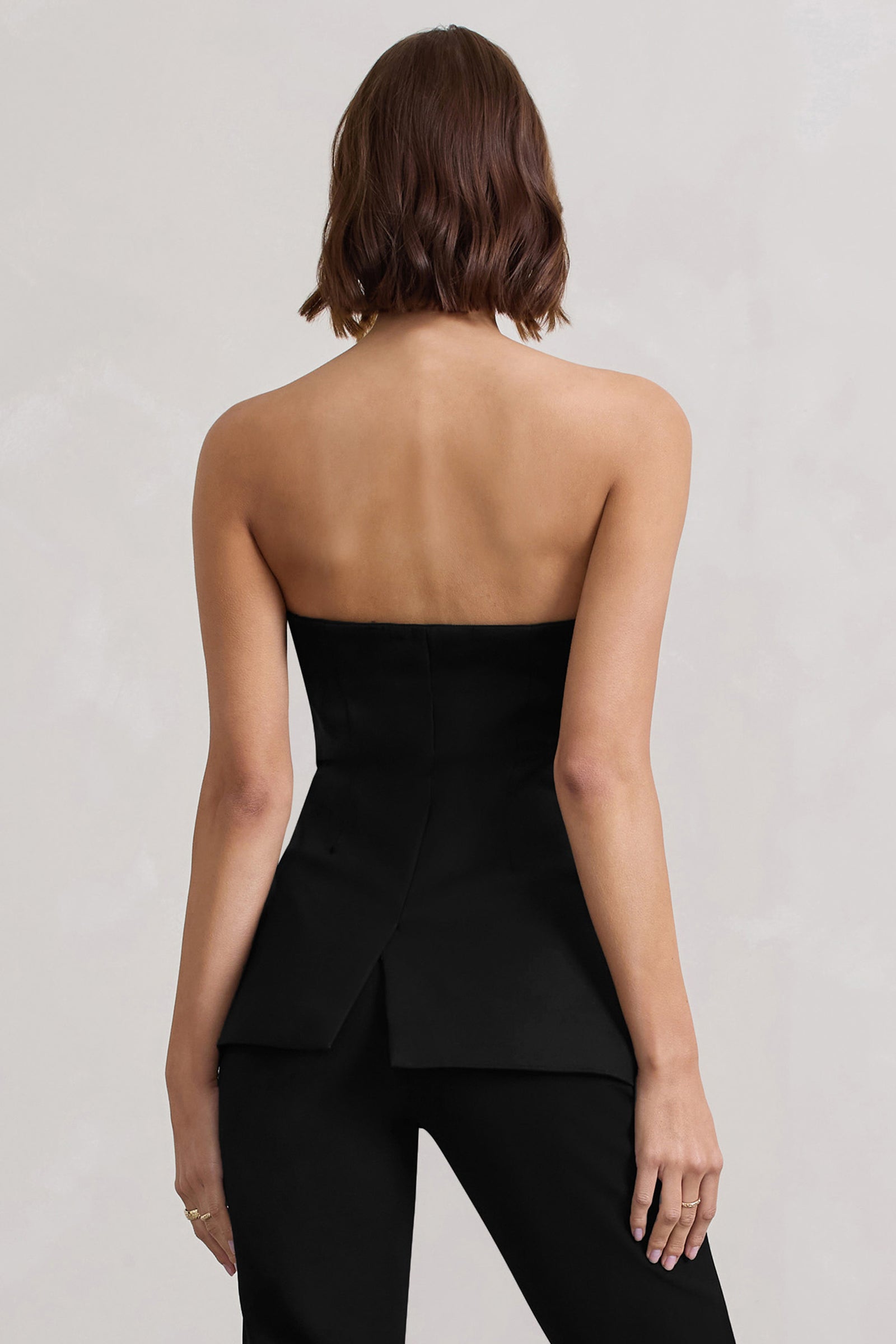 Elliana, Black Strapless Button Front Tailored Top