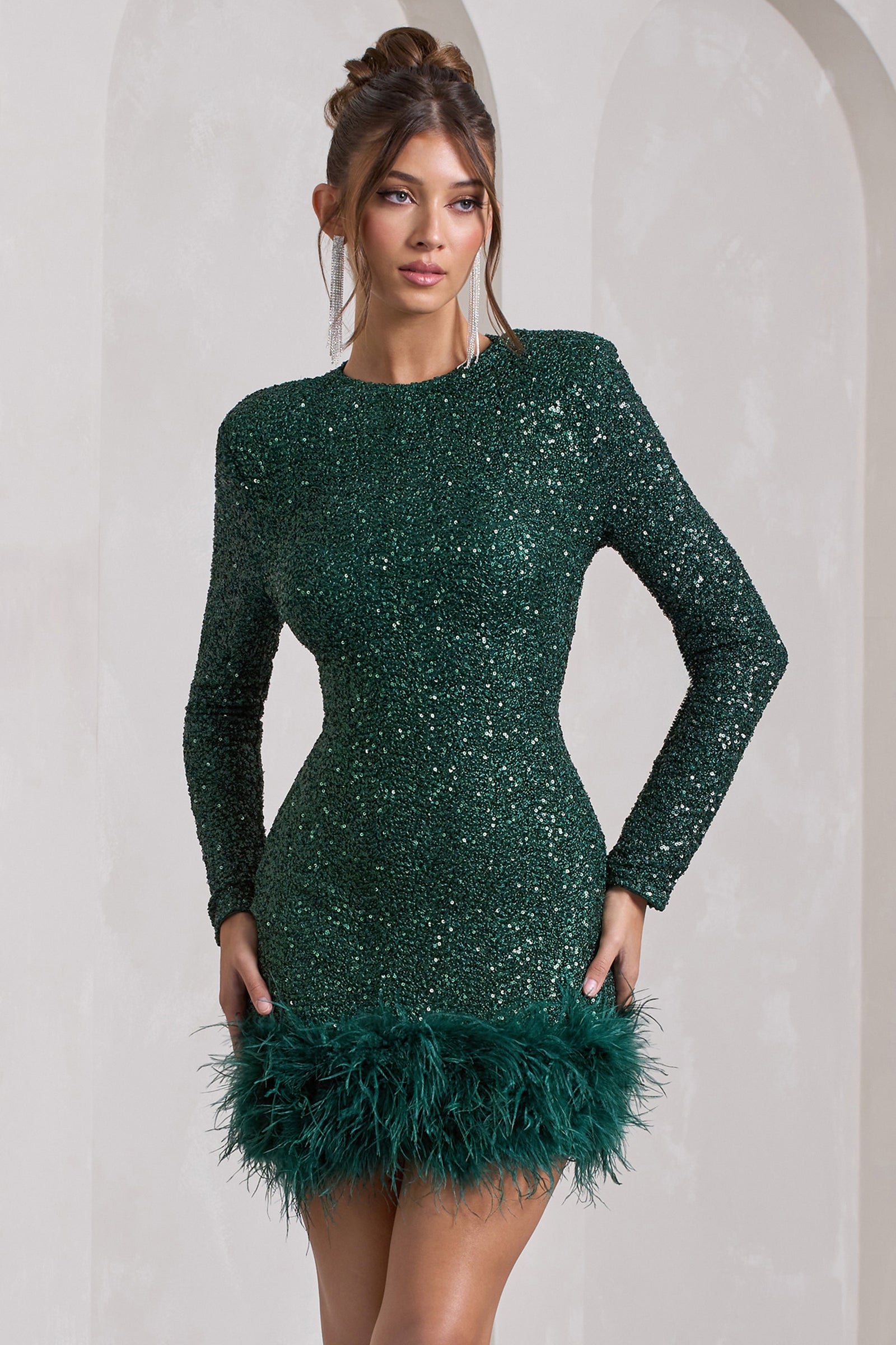 Club L London in AWE | Petite Bottle Green Sequin Wrap Long Sleeve Belted Mini Dress US 2 / Bottle Green