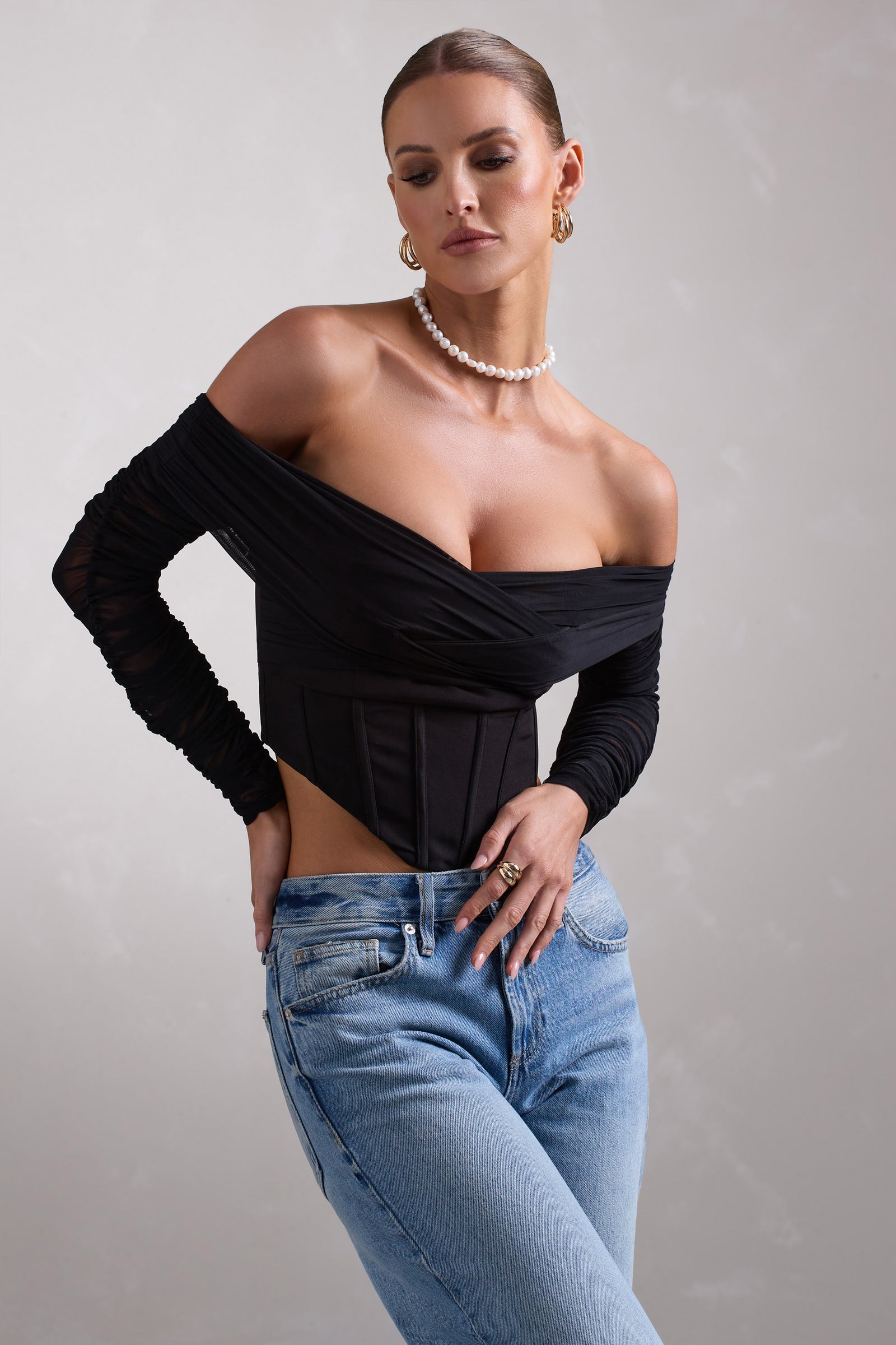 Dramatic Black Sheer Bardot Long-Sleeved Corset Top – Club L London - UK