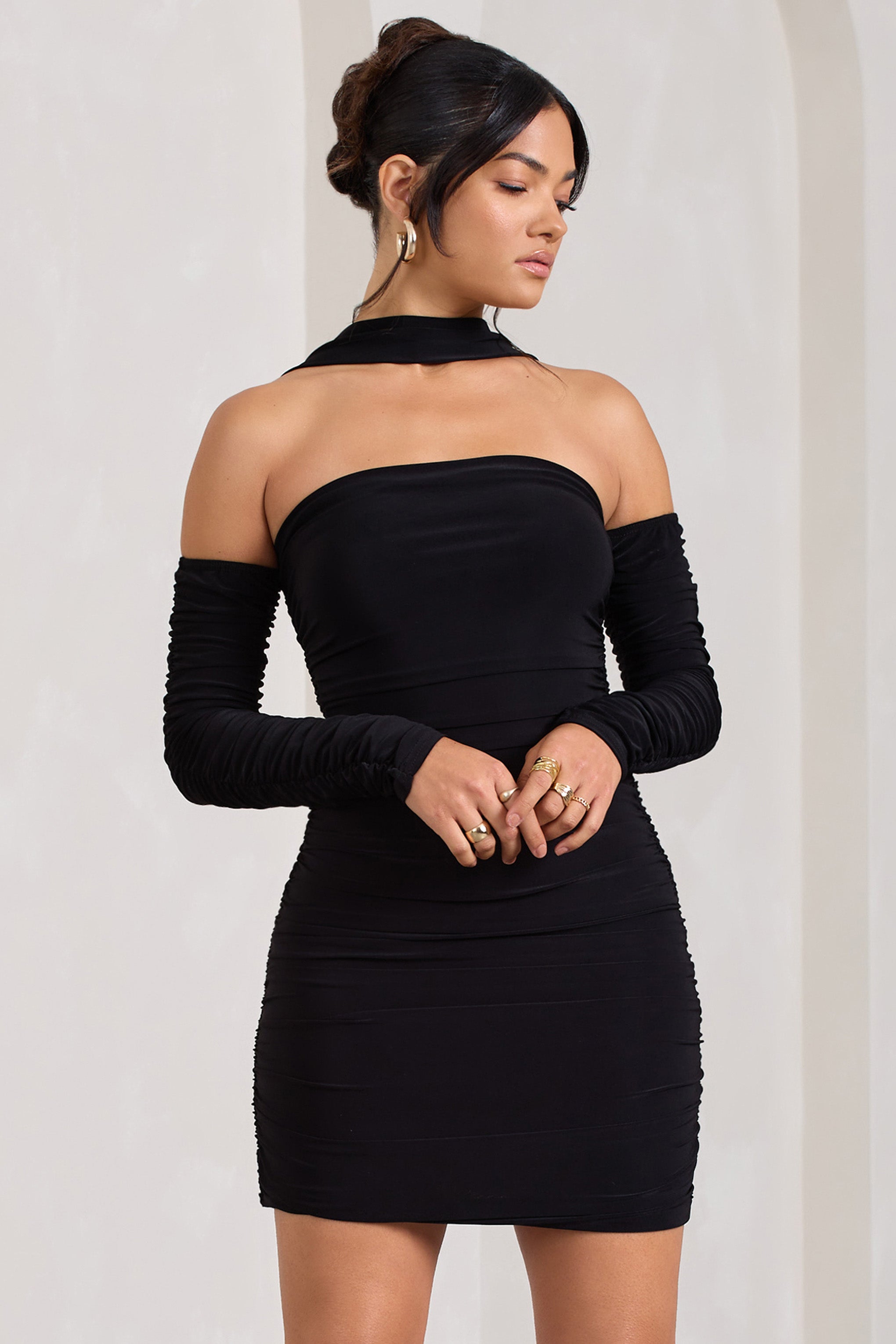 Thea | Black Ruched Long-Sleeved Bodycon Mini Dress With Halter Collar product
