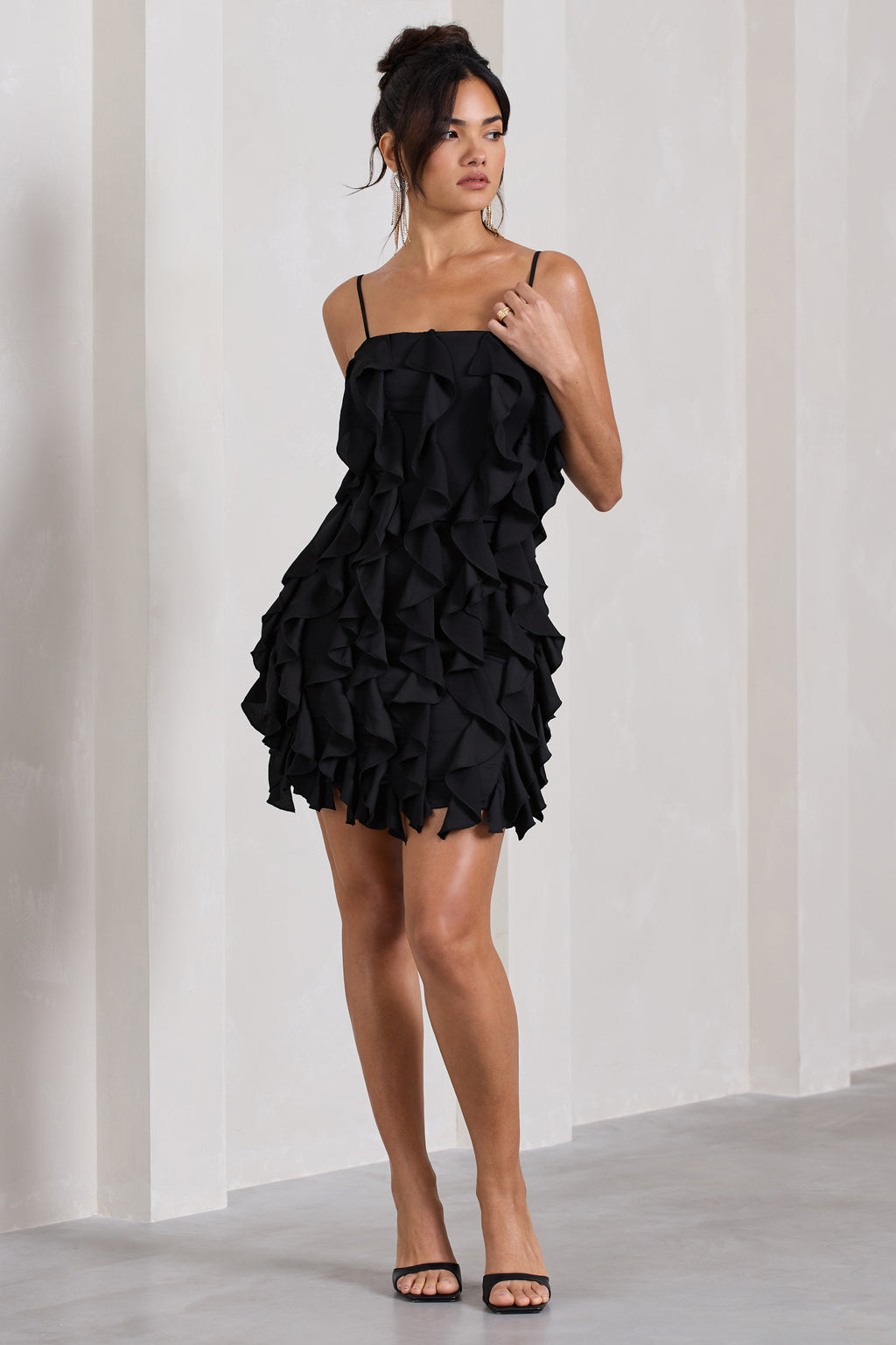 It's a girl Black bandeau bodycon mini dress with ruffles