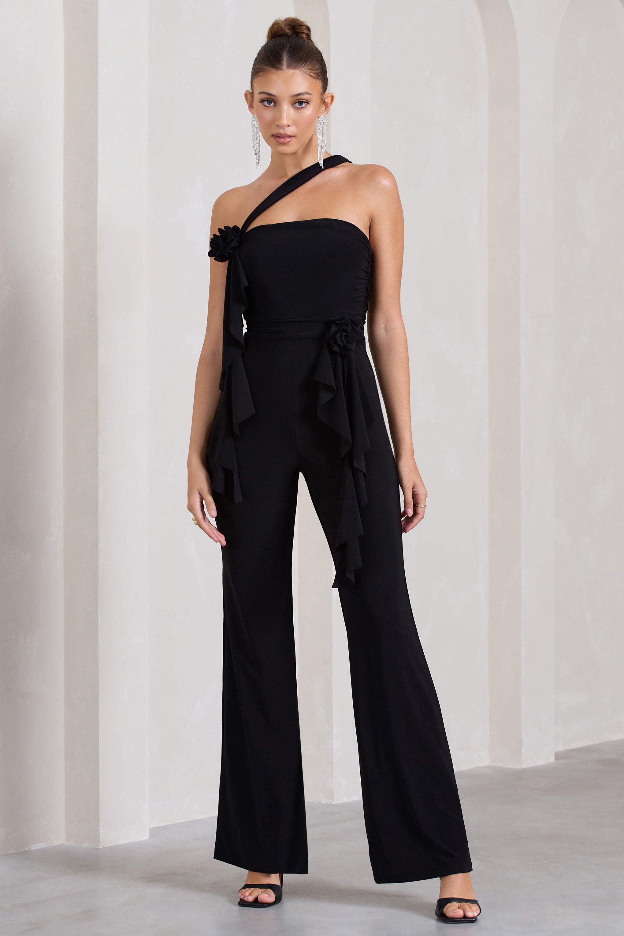 Tia | Black Asymmetric Sleeveless Flared-Leg Jumpsuit With Flowers product