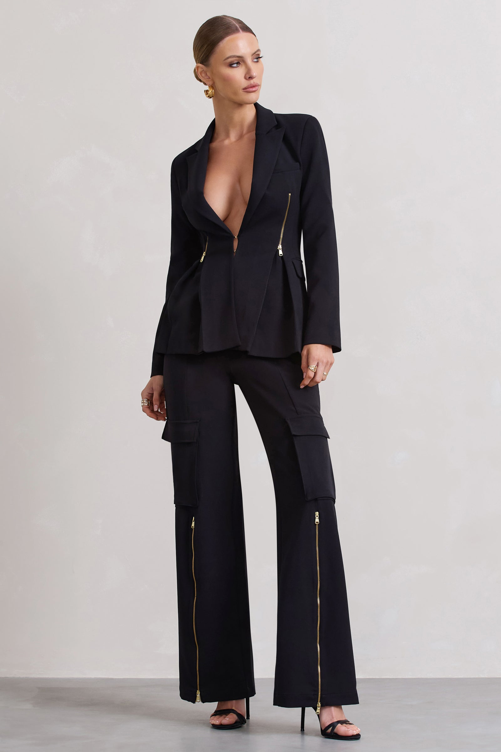 Bell Bottom Pants Suit Set With Black Blazer, Puffed Sleeve Blazer