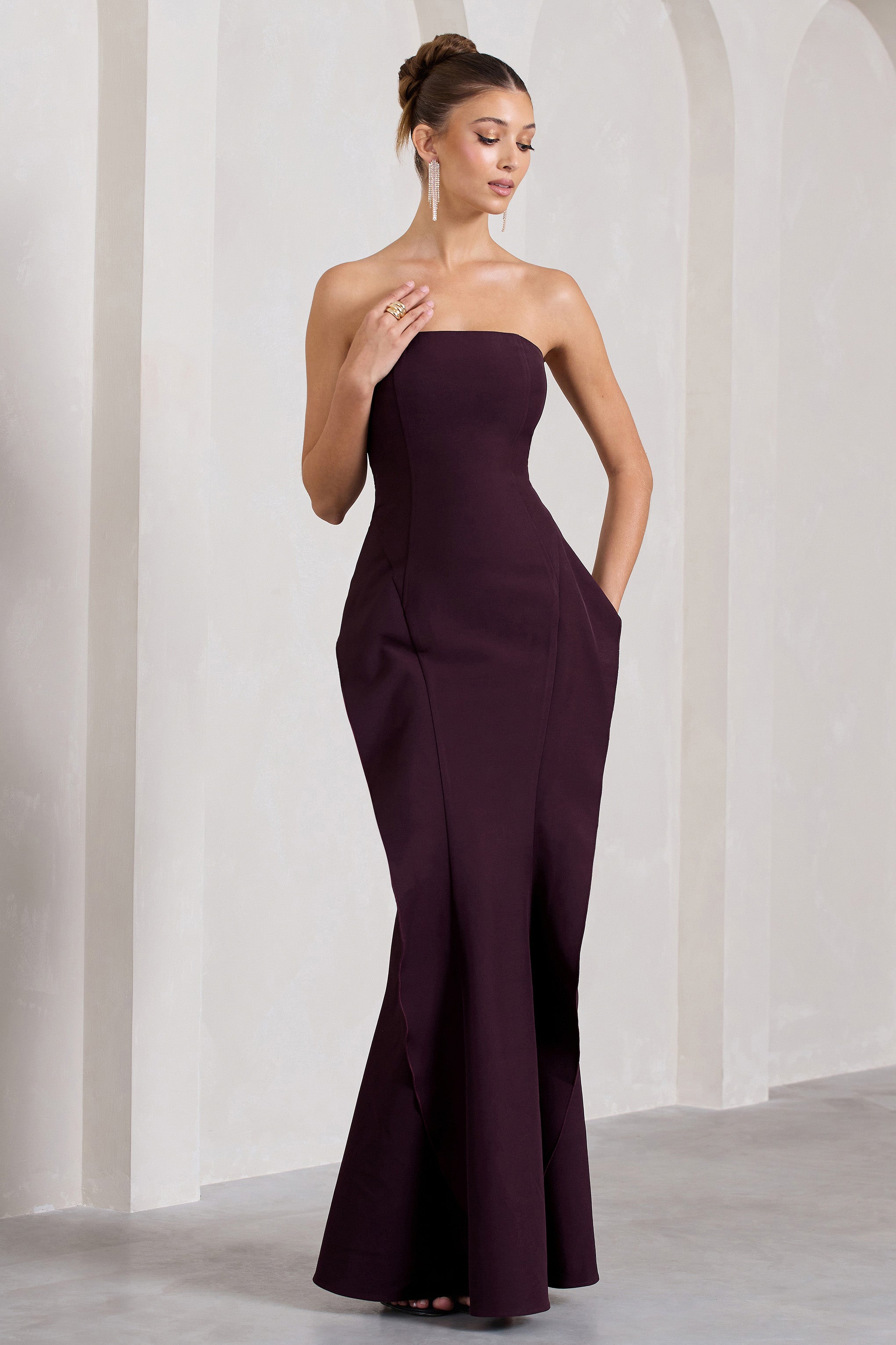 The Real Thing | Plum Strapless Draped Fishtail Maxi Dress