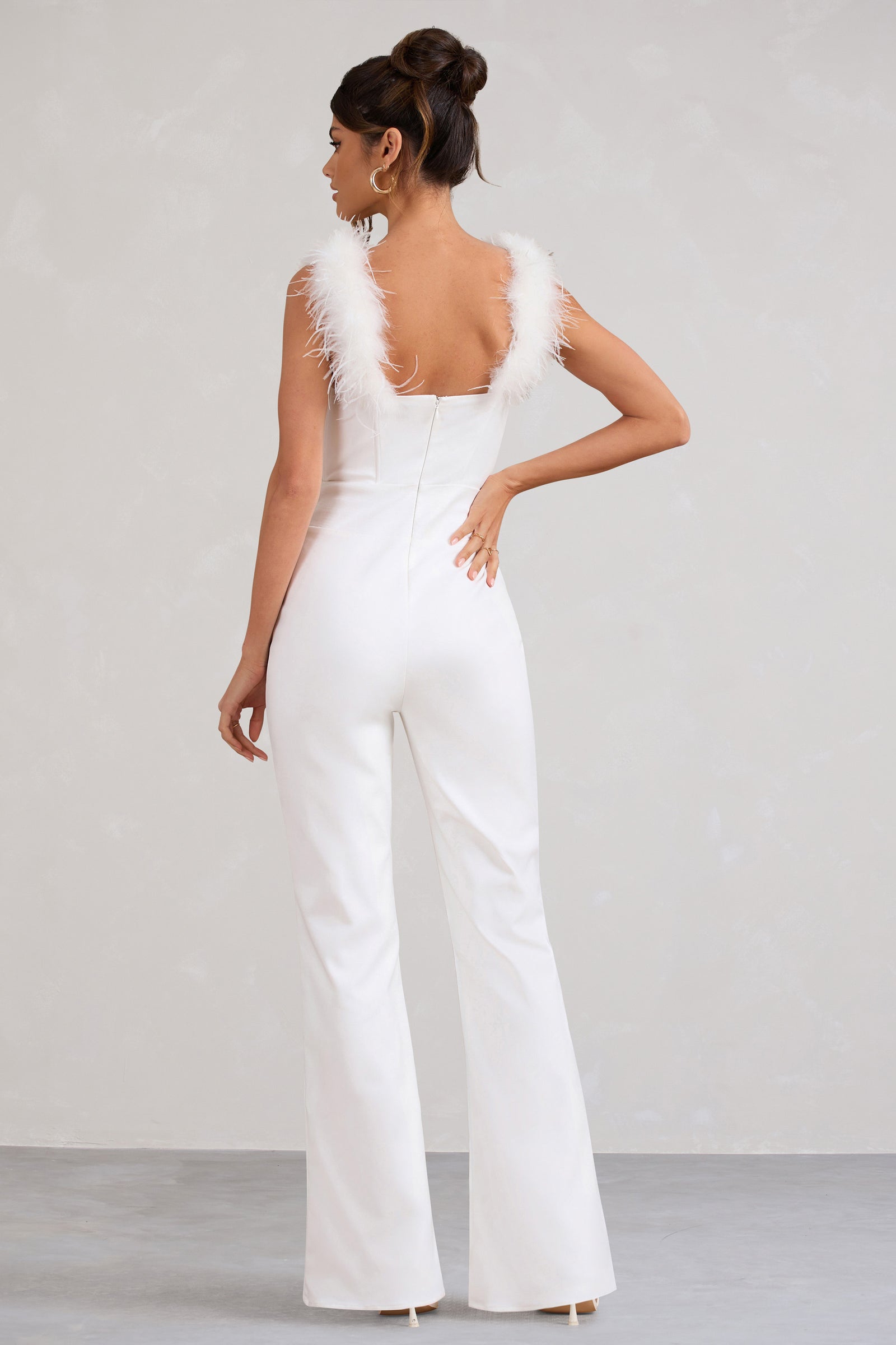 First Class White Bandeau Feather Wide Leg Jumpsuit – Club L