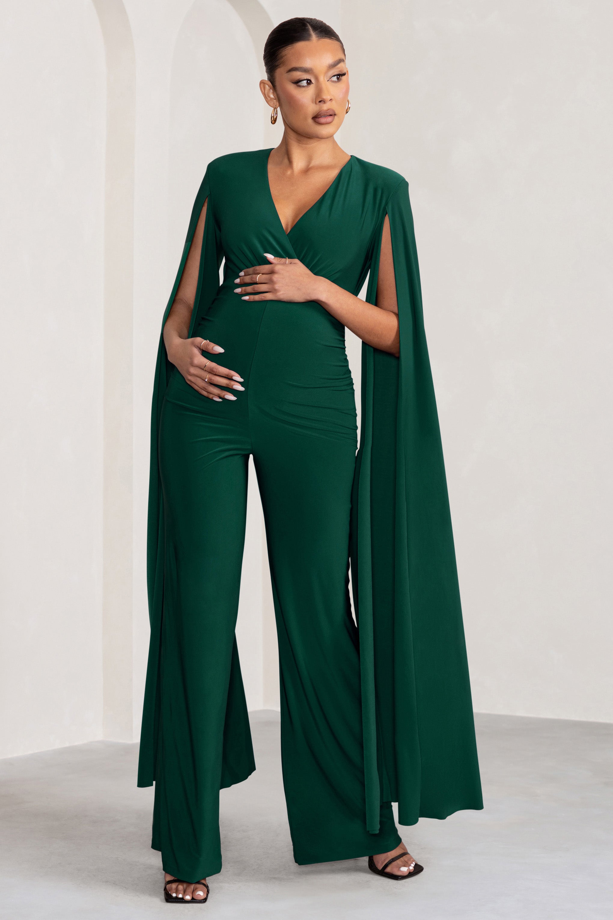 Triumph | Bottle Green Plunge Neck Maternity Jumpsuit with Cape Sleeves