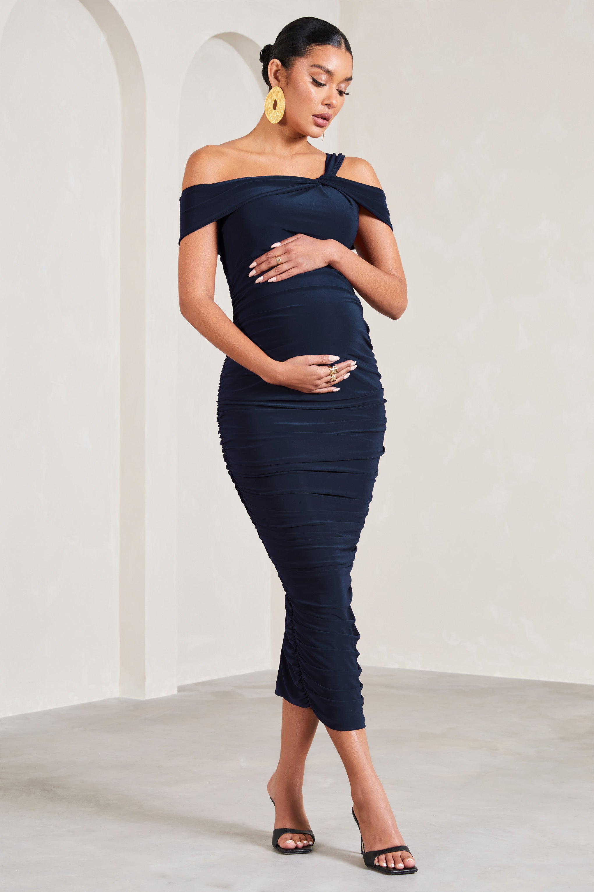 Theodora | Navy Strappy Asymmetric Maternity Midi Dress