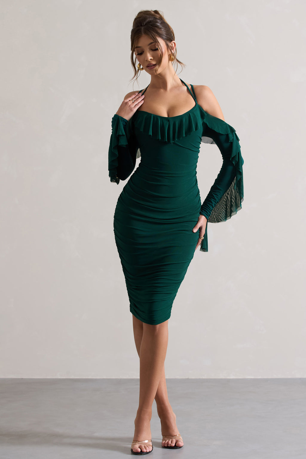Quinn Bottle green ruched midi dress with straps and long sleeves with ruffles