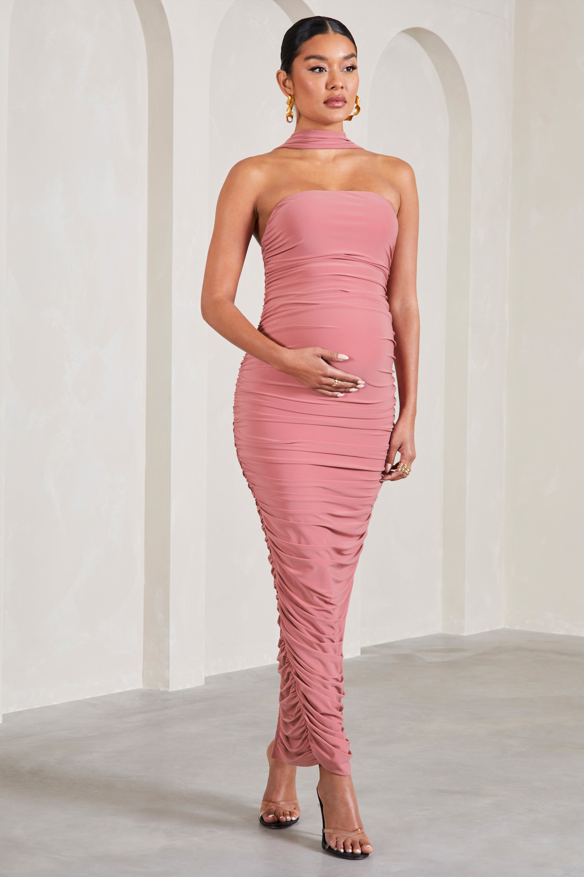 Truly | Blush Pink Ruched Maternity Maxi Dress With Halter Collar