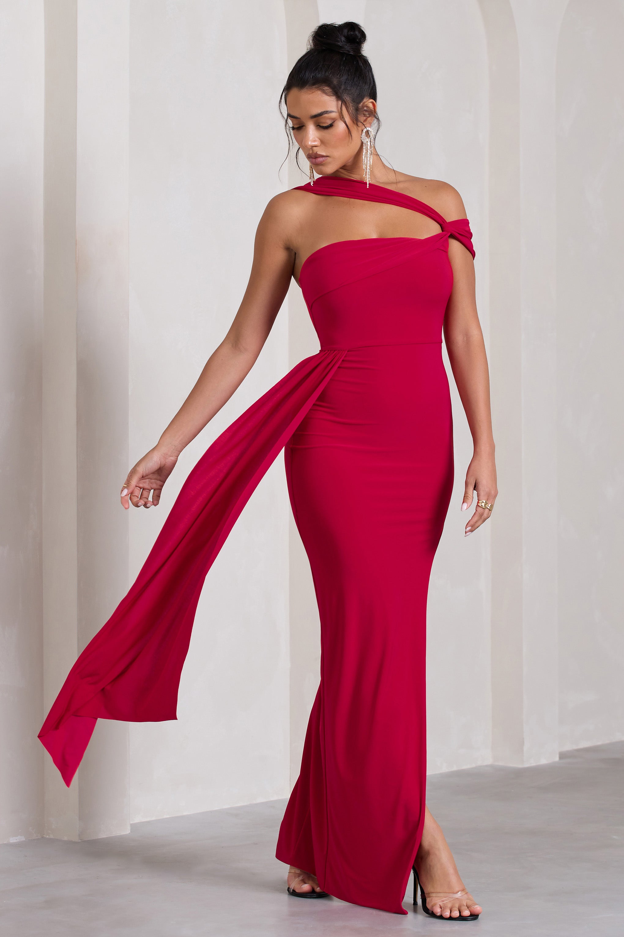To The Max | Red Strappy Asymmetric Split Maxi Dress With Drape product