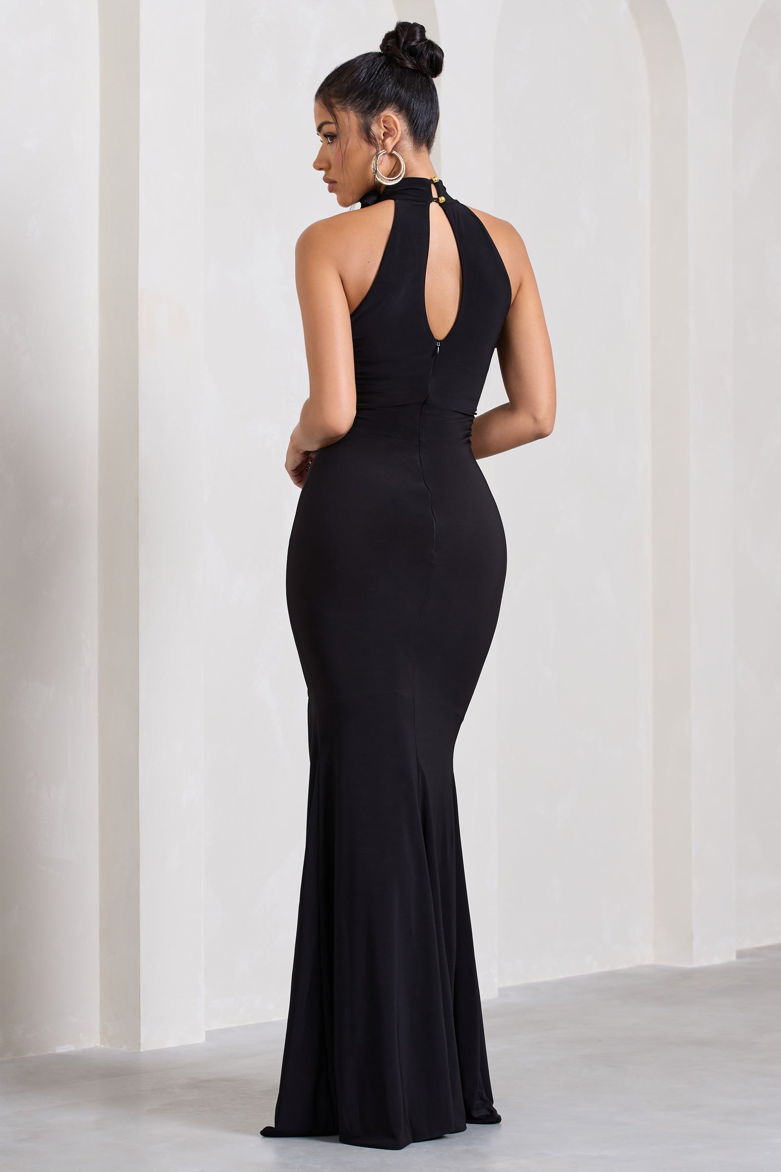 Forever Dreaming Black Backless Halter Neck Ruched Split Maxi