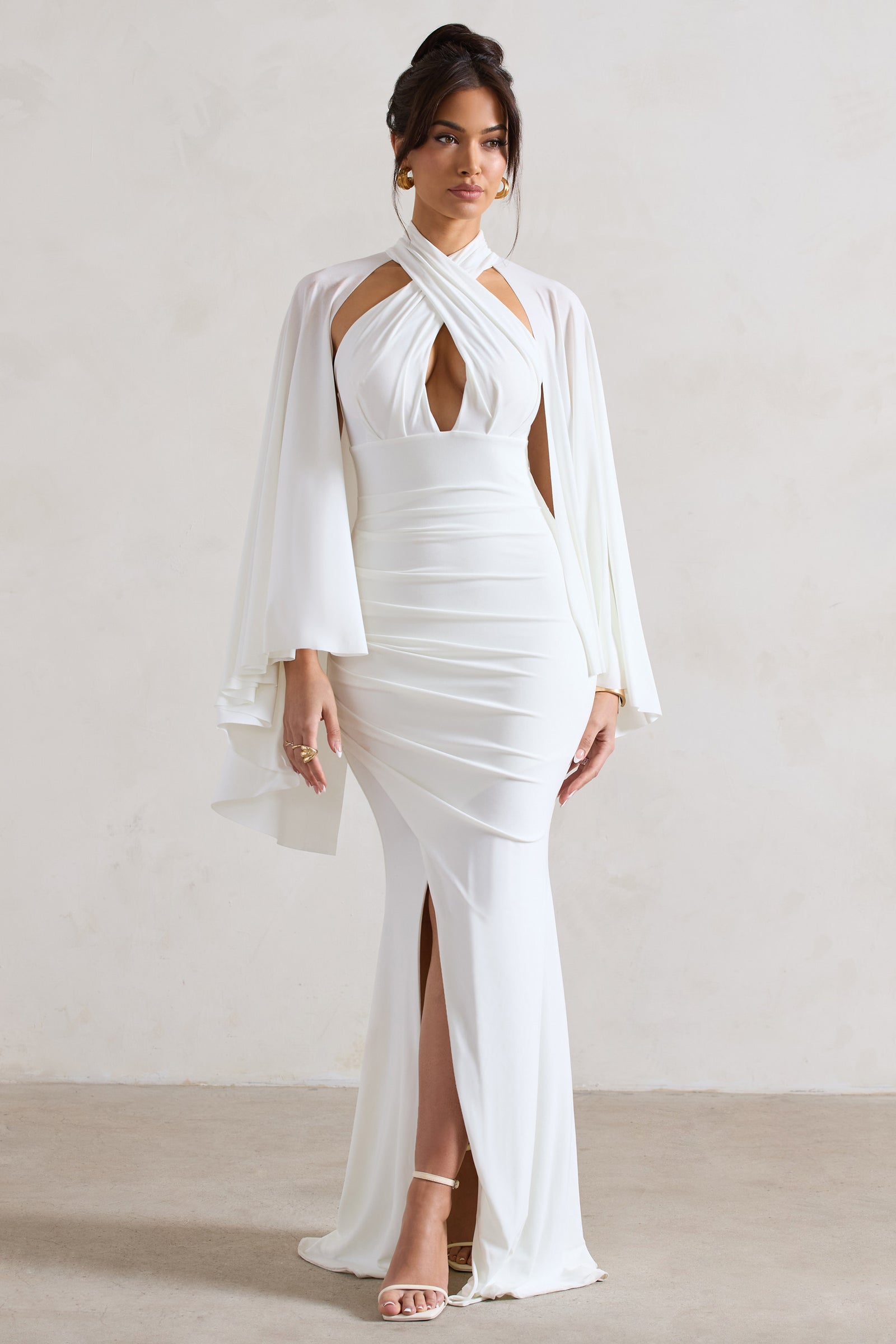 Renee White Plunge Twist Neckline Long Sleeve Ruched Midi Dress