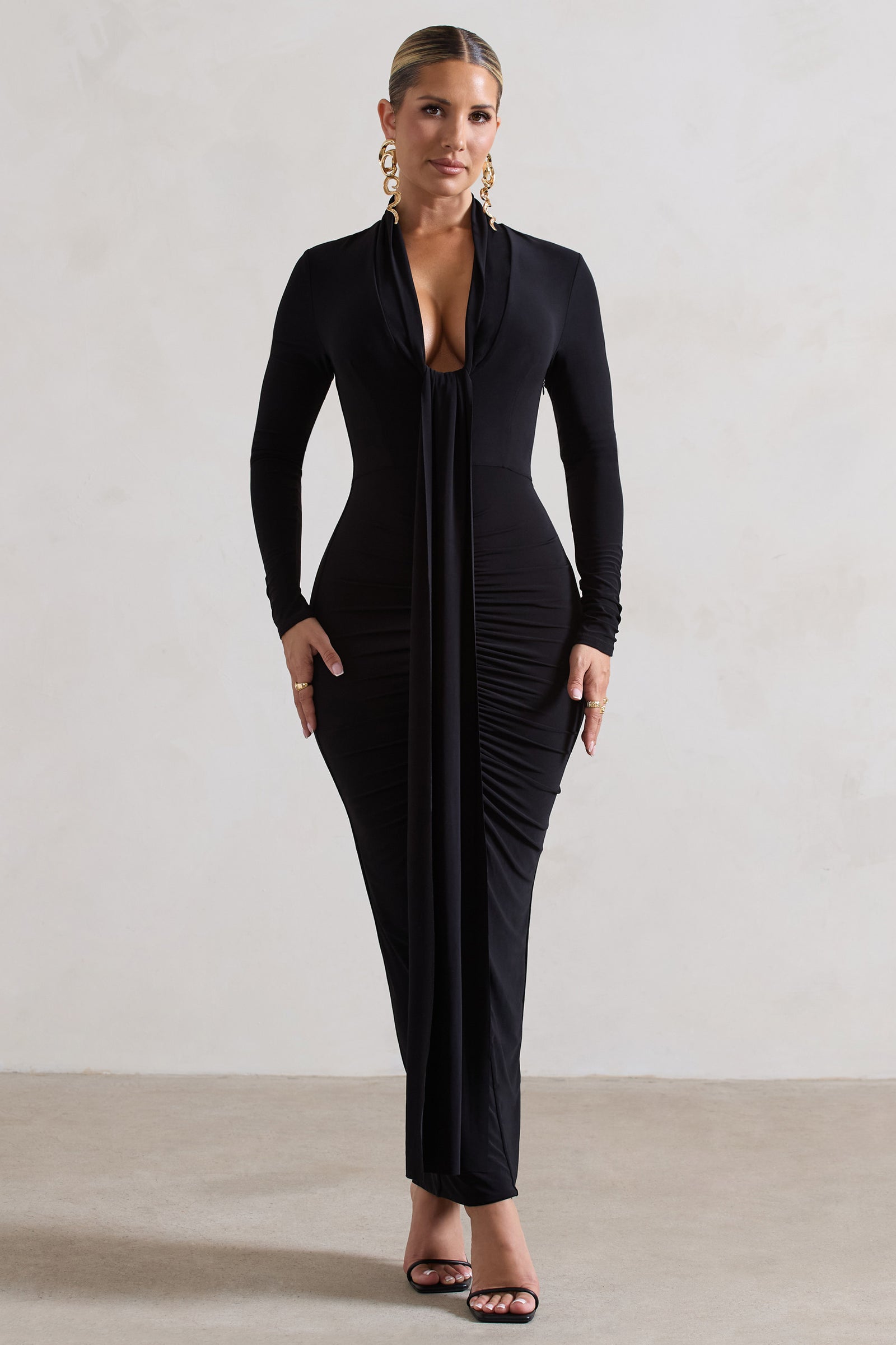 Risha Black Plunge-Neck Long-Sleeve Drape Maxi Dress – Club L London - UK