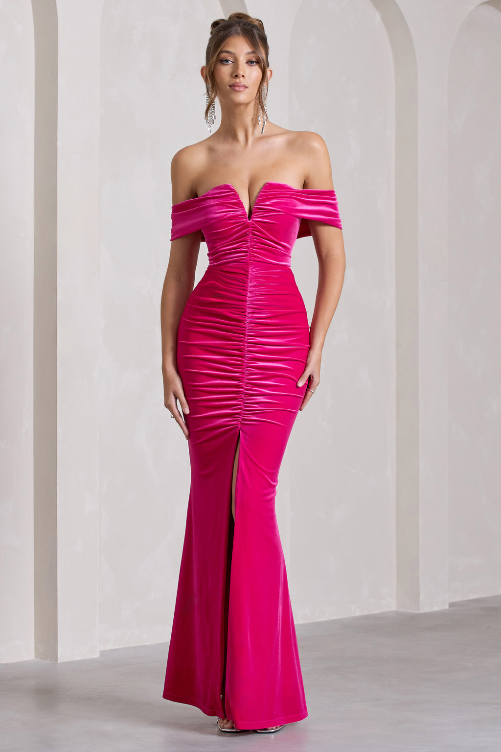 Divinity Bardot style long slit dress in dark pink ruched velvet