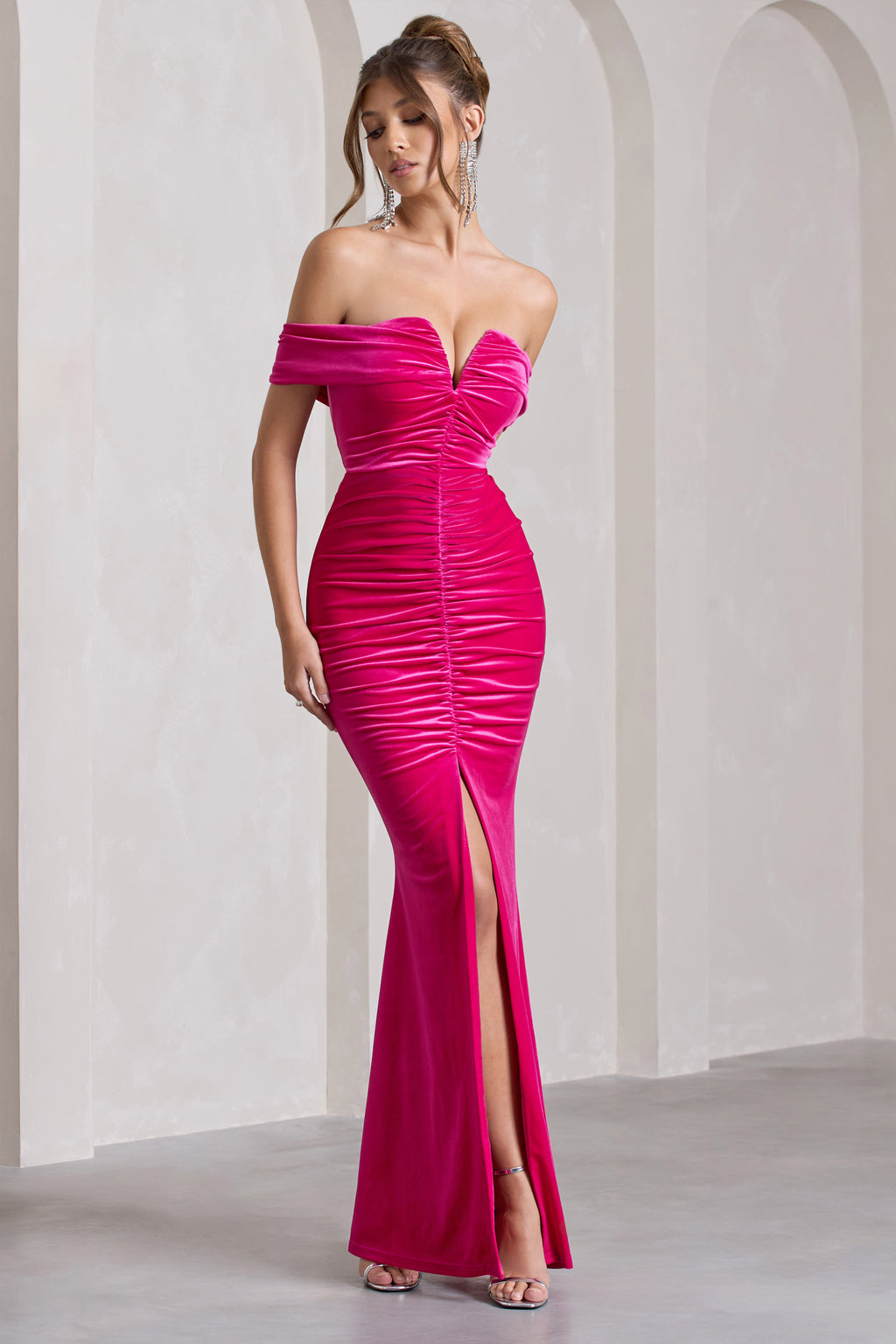 Divinity Bardot style long slit dress in dark pink ruched velvet