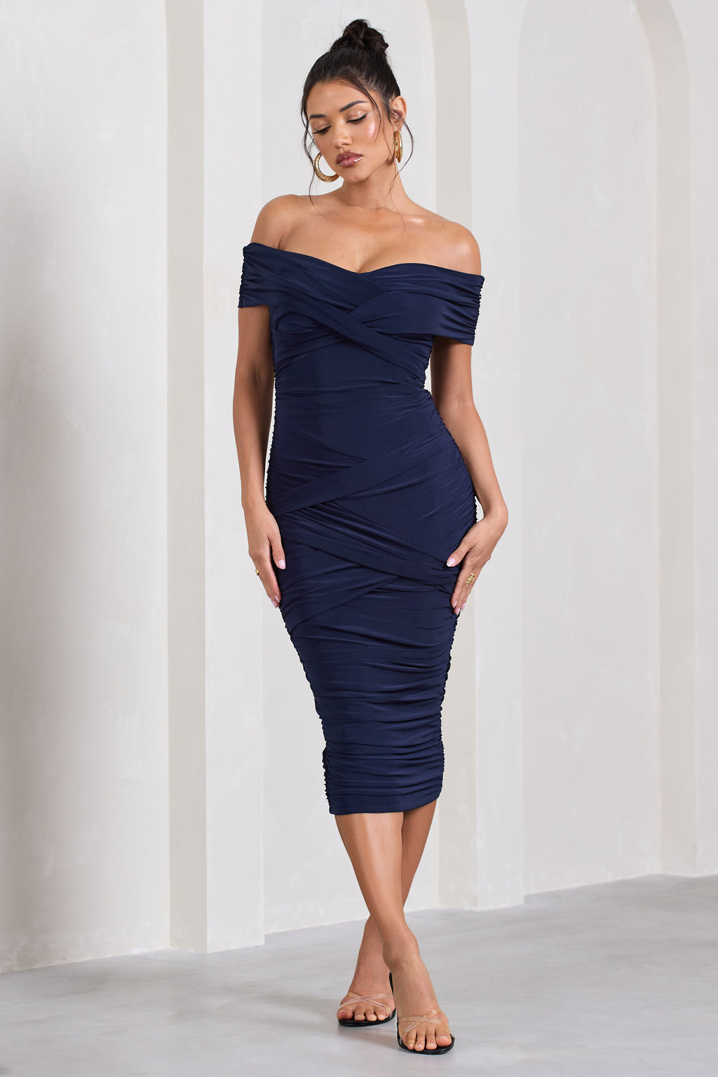 Almond Navy twisted Bardot midi dress