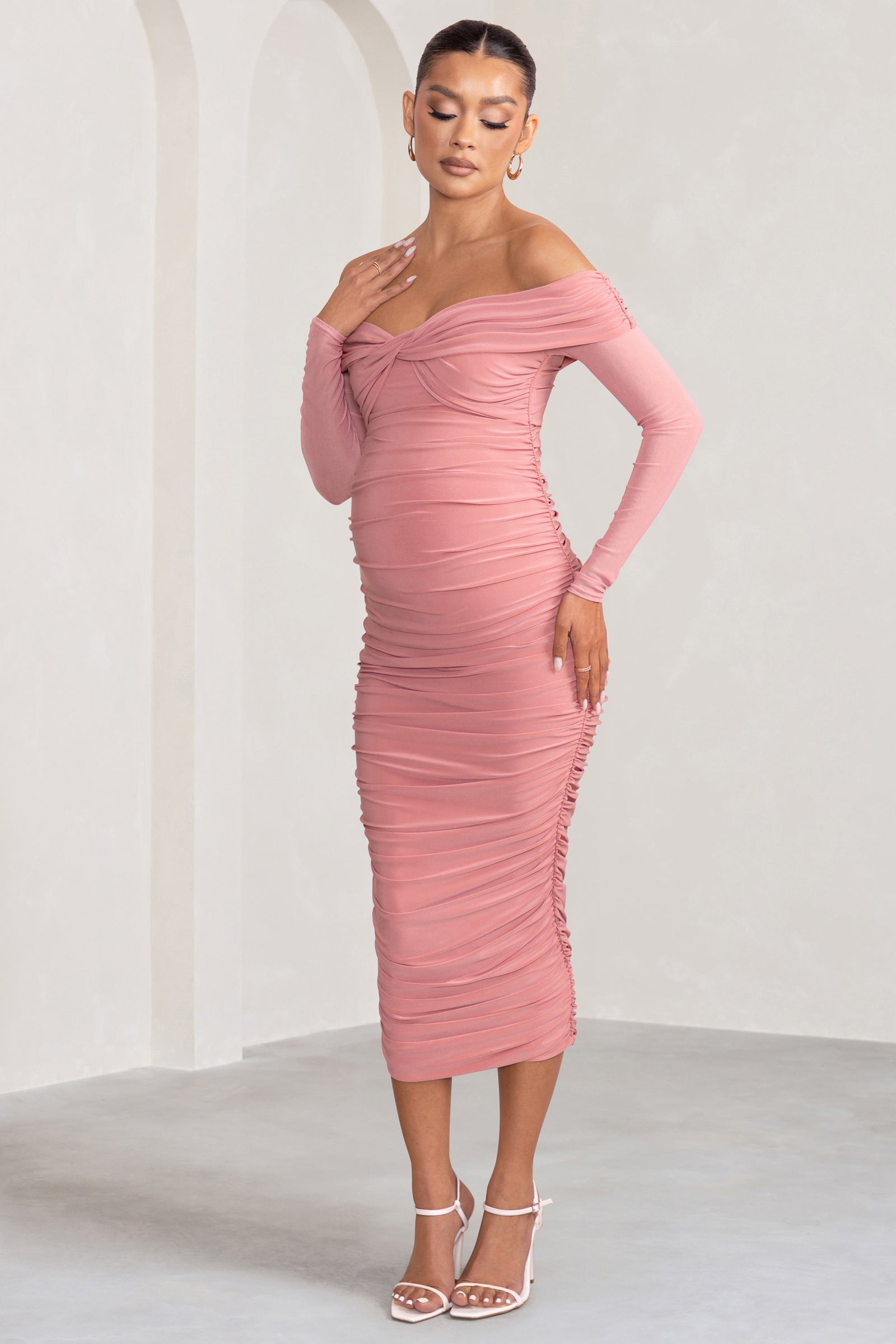 My Lady Maternity Blush Pink Strapless Bodycon Ruched Mesh Maxi