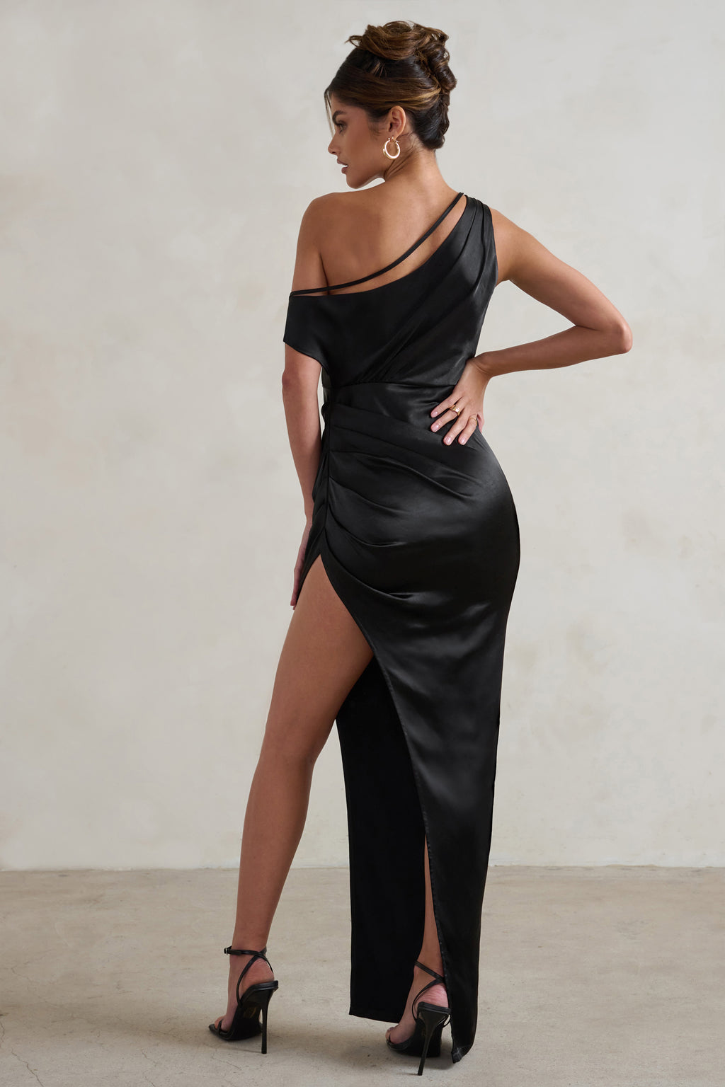 Select Black Satin Asymmetric Maxi Dress With Extreme Slit