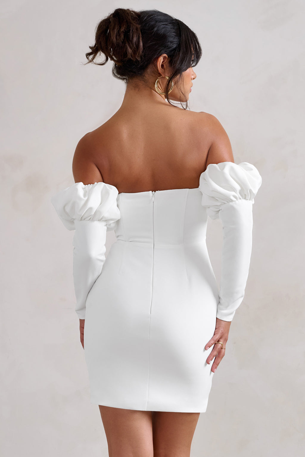 Laurie White Bardot Mini Dress with Long Puff Sleeves
