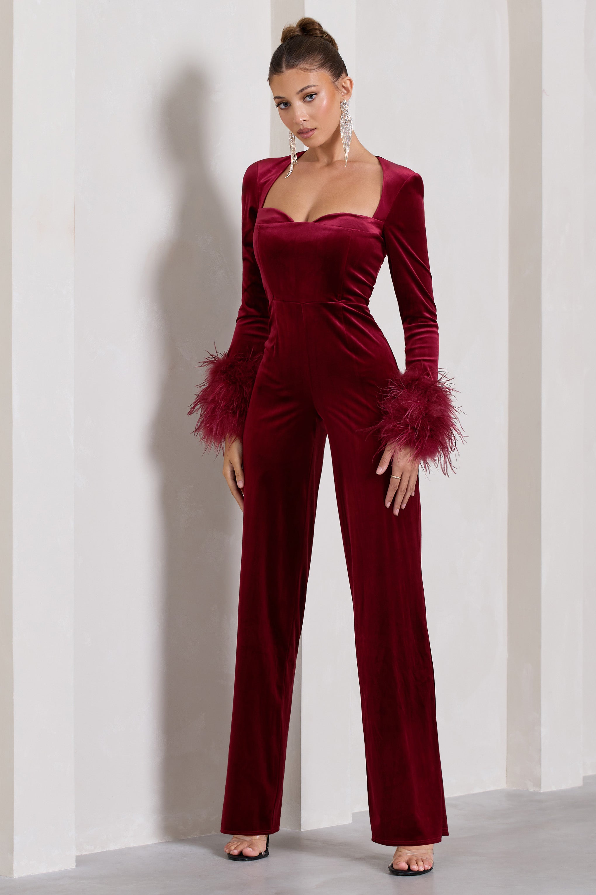 Trailblazer | Berry Red Velvet Long-Sleeved Jumpsuit With Feather Cuffs