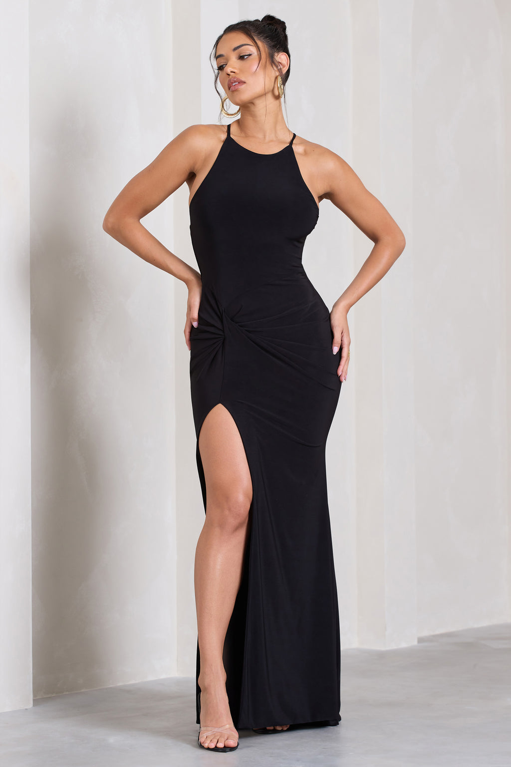 Stellar Black Twist Halter Slit Maxi Dress