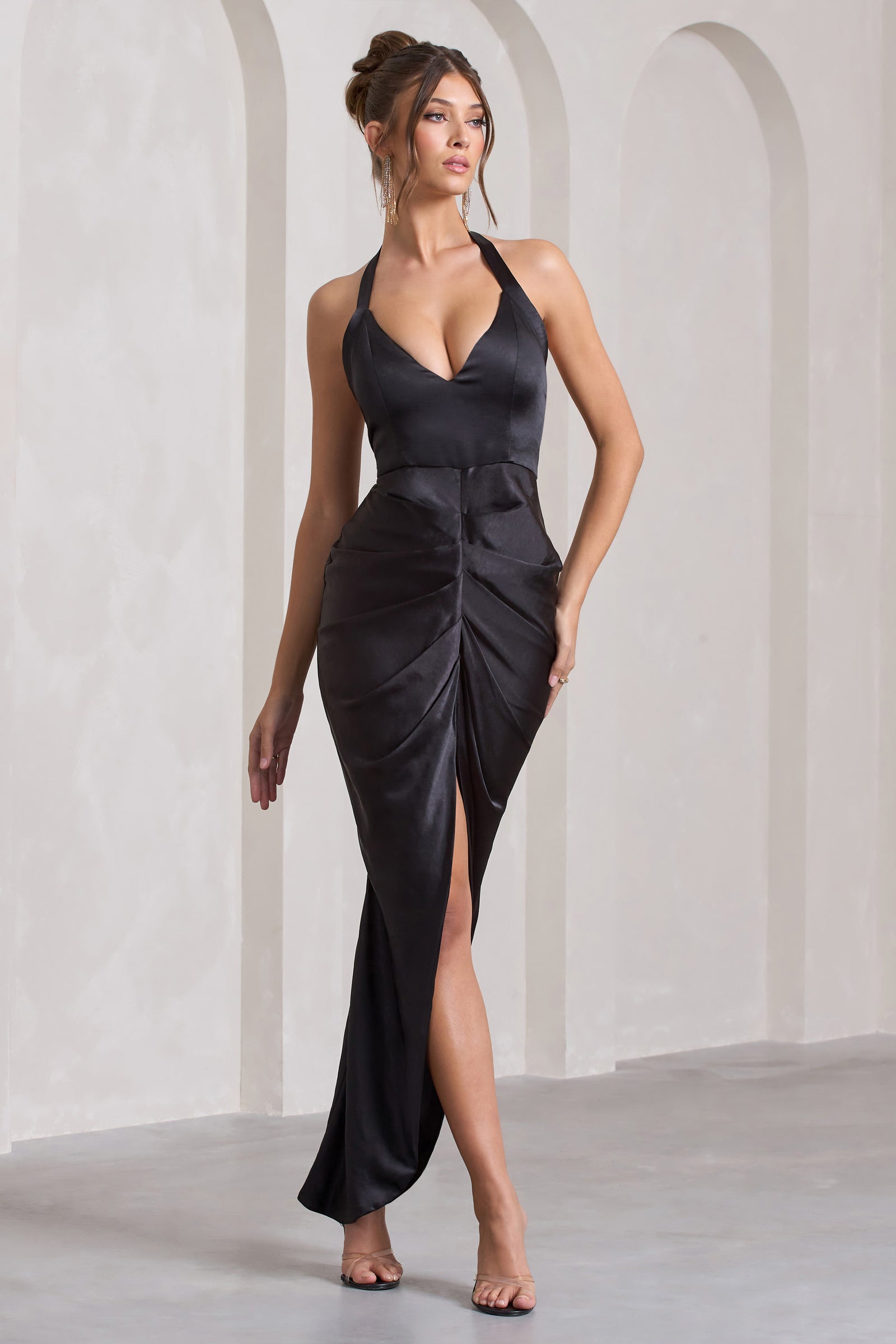 Cesca Black Satin Halter-Neck Maxi Dress With Flower Corsage