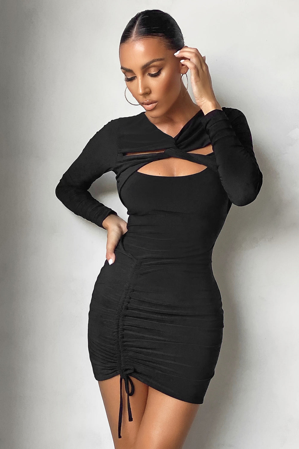 ruched knot front bodycon mini dress