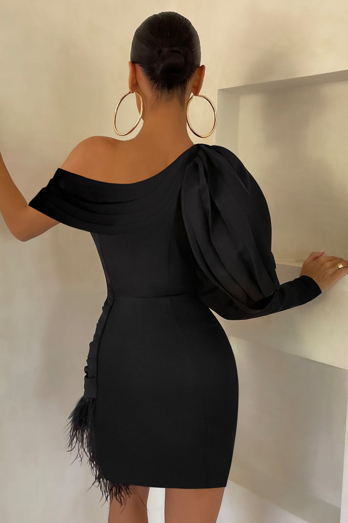 RSVP Black Asymmetric Volume Sleeve Draped Feather Mini Dress