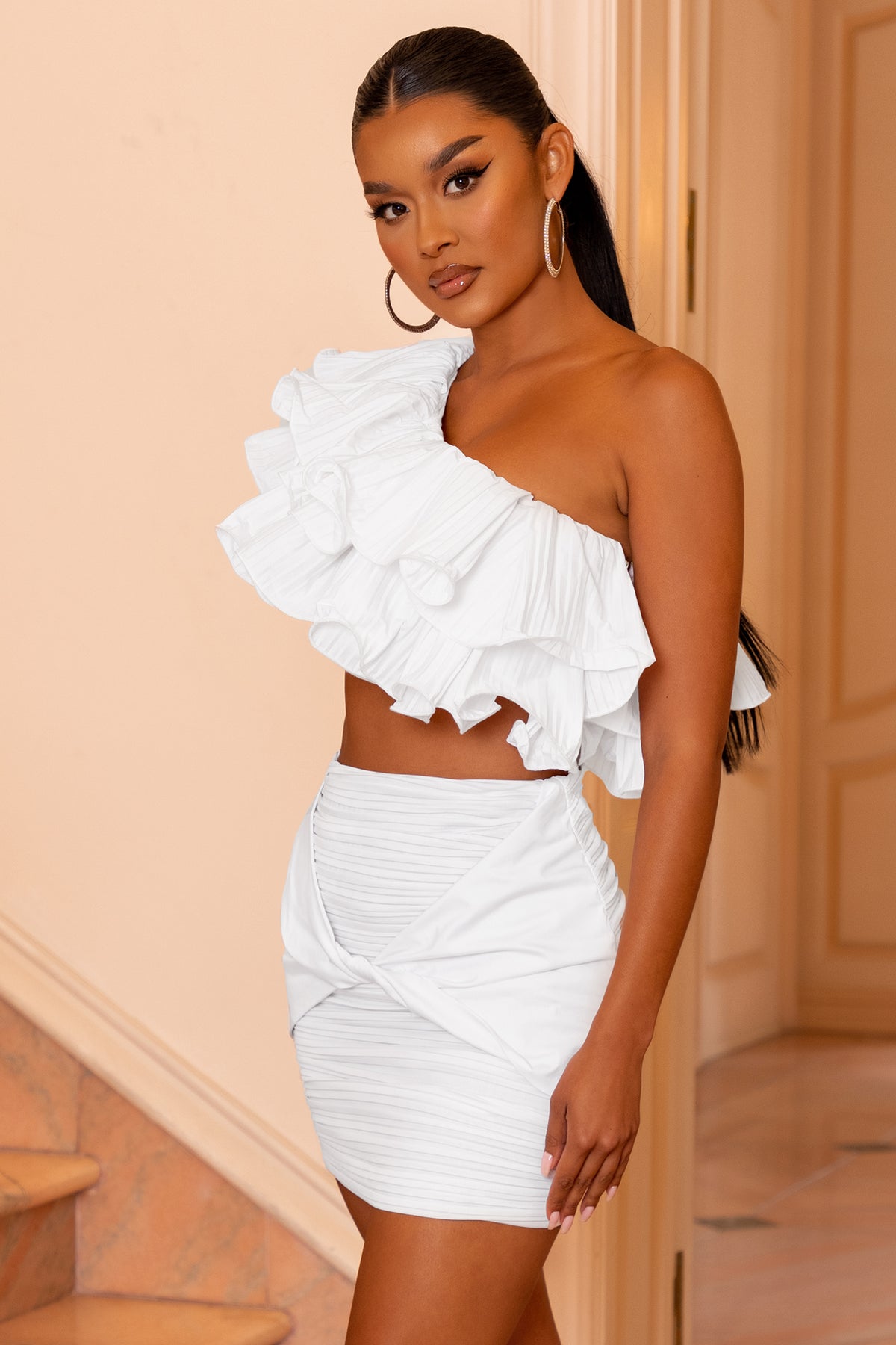 one shoulder white top ruffle