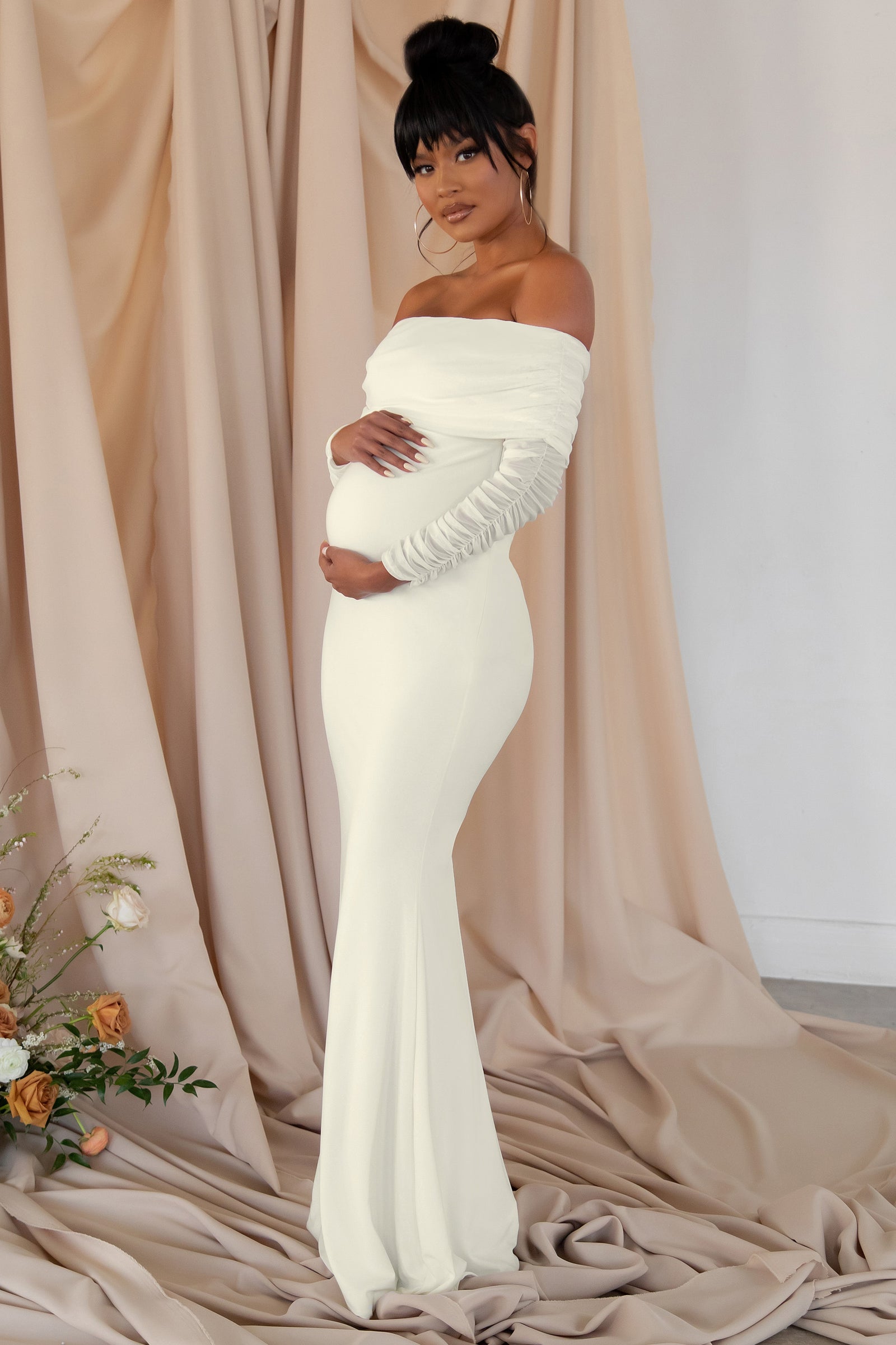 Pretty Perfect White Maternity Ruched Mesh Bardot Maxi Dress