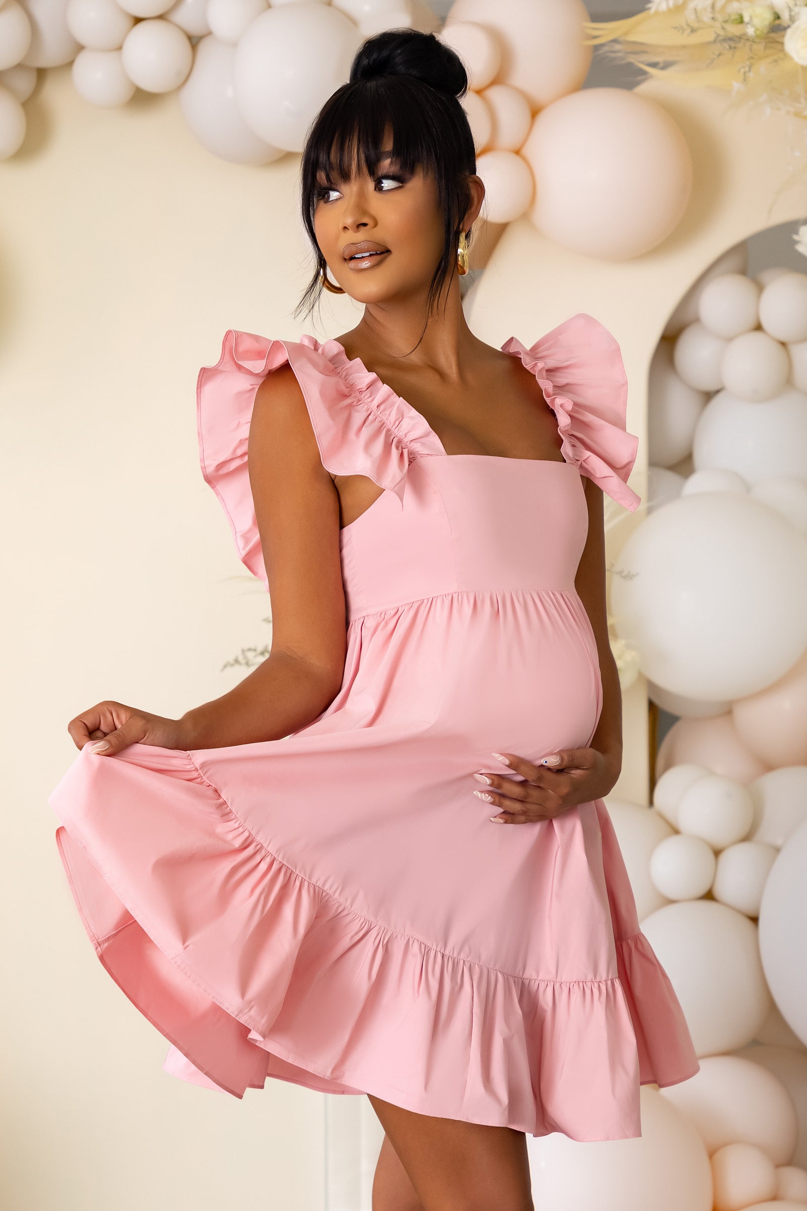 Dolly Daze Pink Maternity Ruffle Sleeve Babydoll Mini Dress – Club L London  - UK