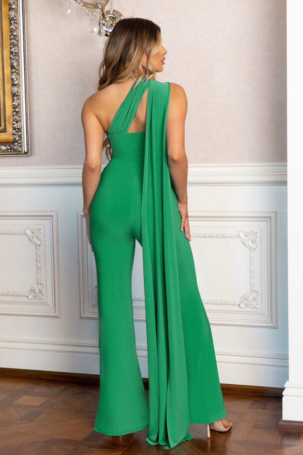 one shoulder green jumpsuit