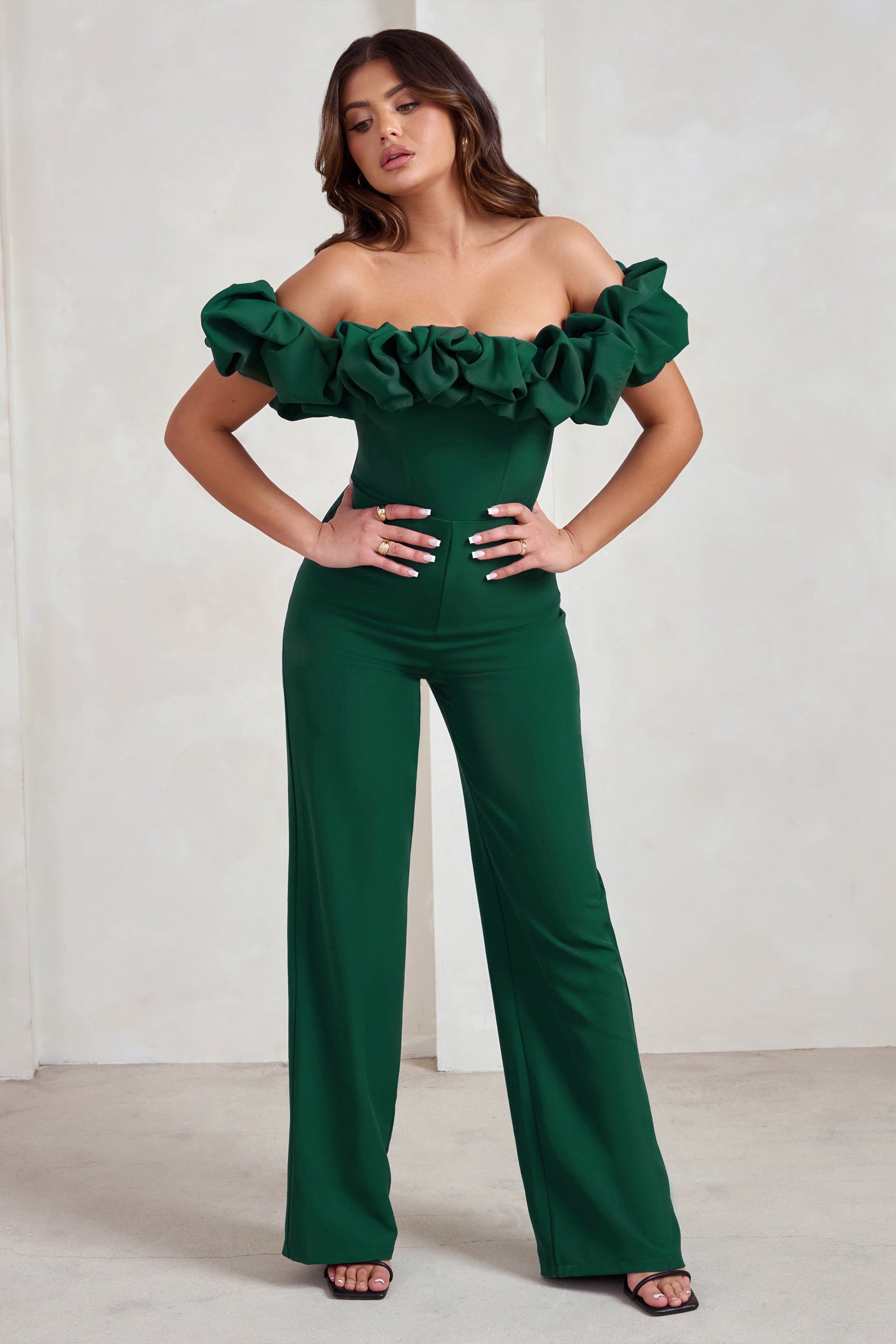 Rave Reviews Emerald Green Flutter Sleeve Wide-Leg Jumpsuit