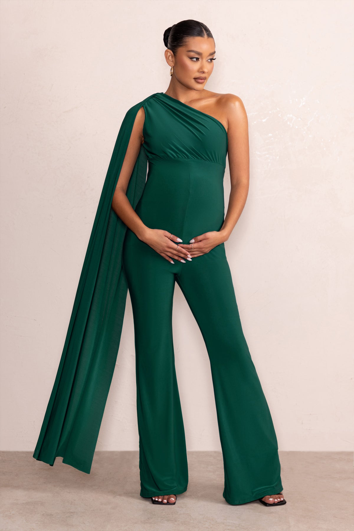 one shoulder green jumpsuit