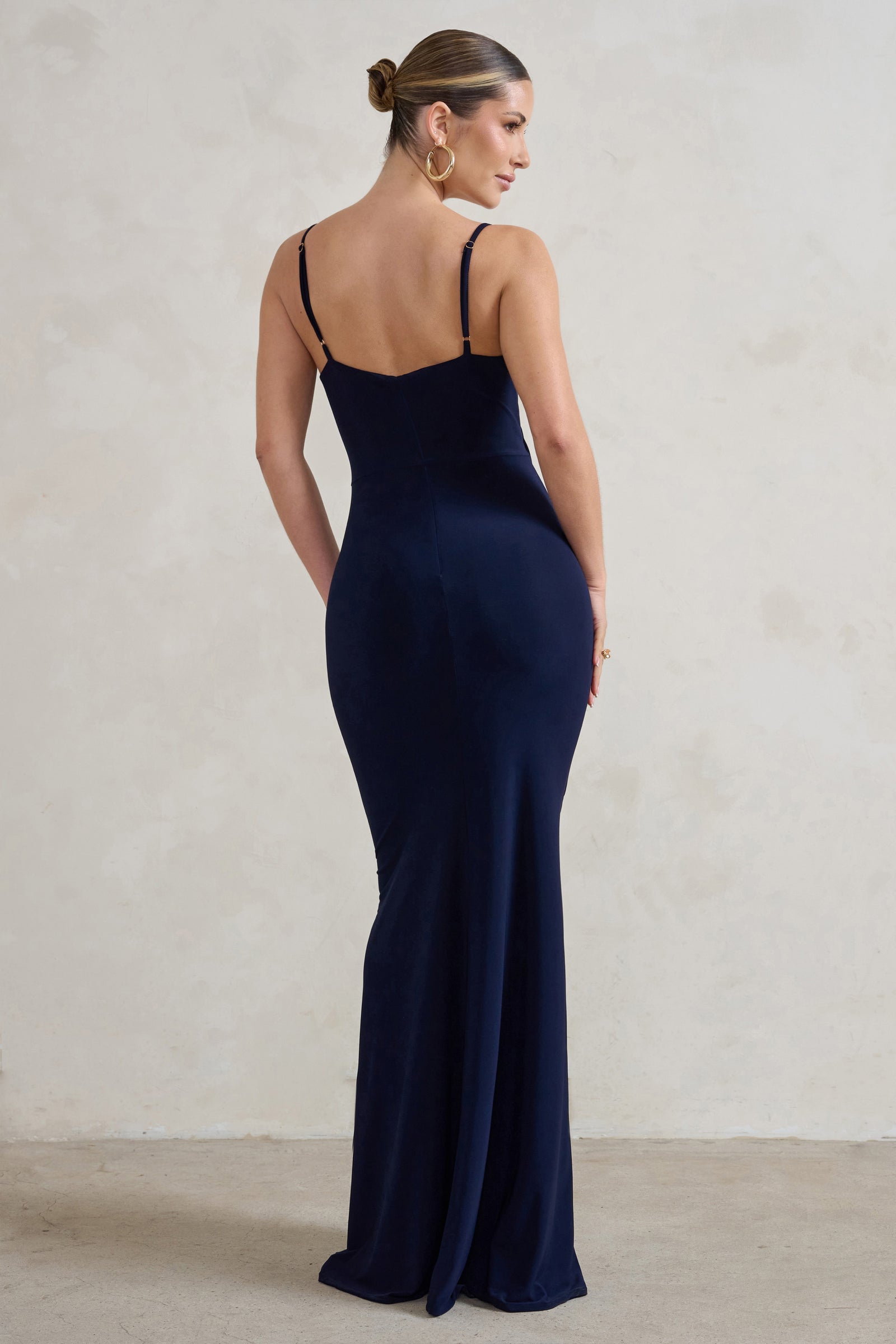 Glamour Navy Backless V Plunge Halter Neck Maxi Dress With Side