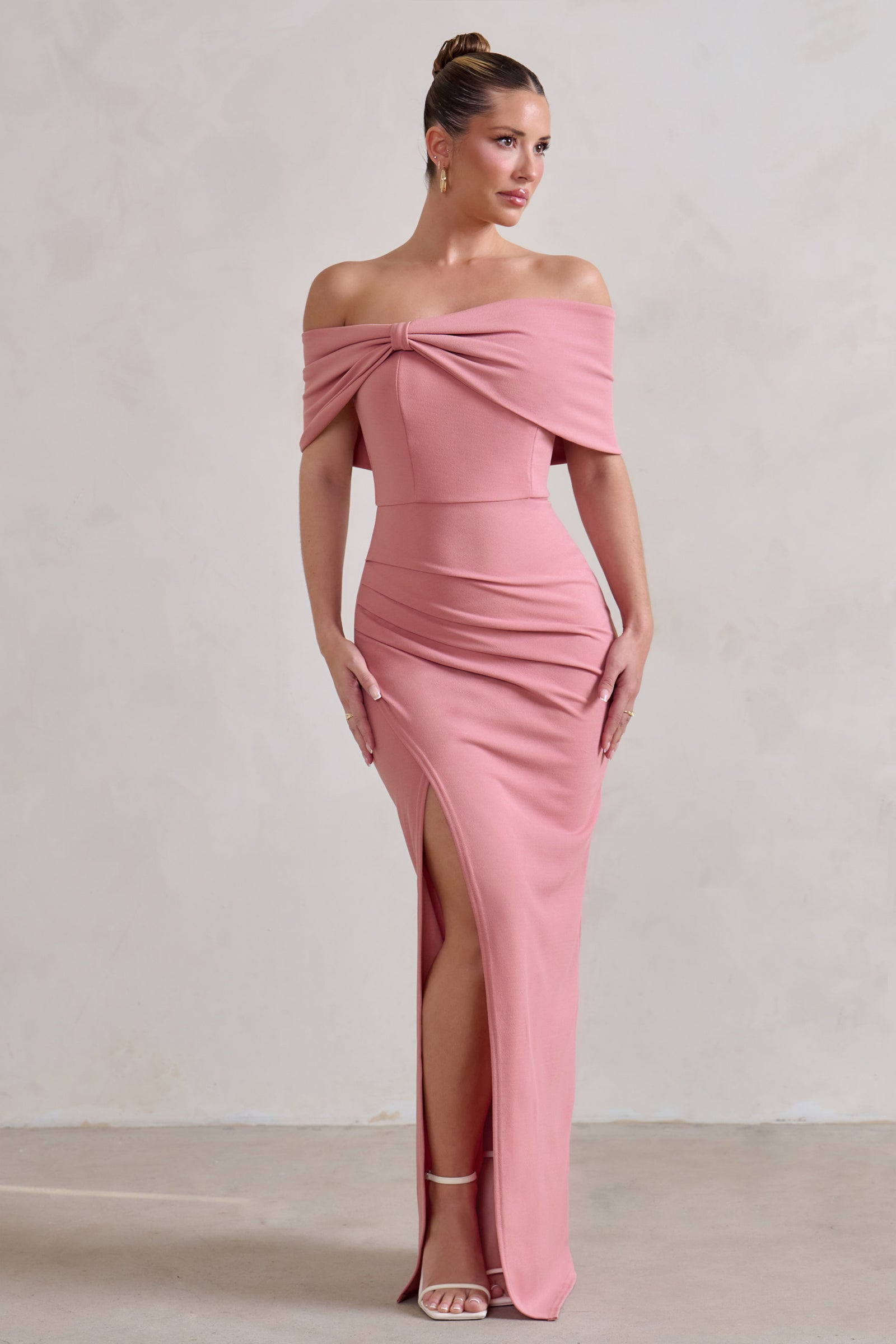 Eva Powder Pink Bardot Bow Detail Maxi Dress With Thigh Split – Club L  London - UK