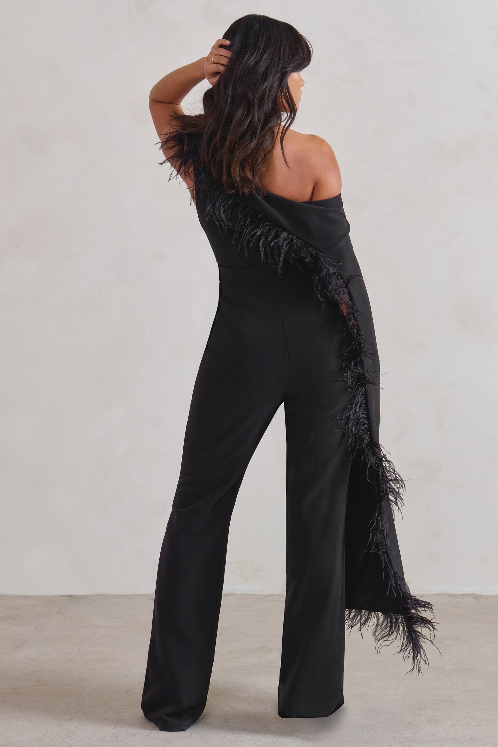 First Class Black Bandeau Feather Wide Leg Jumpsuit – Club L London - USA