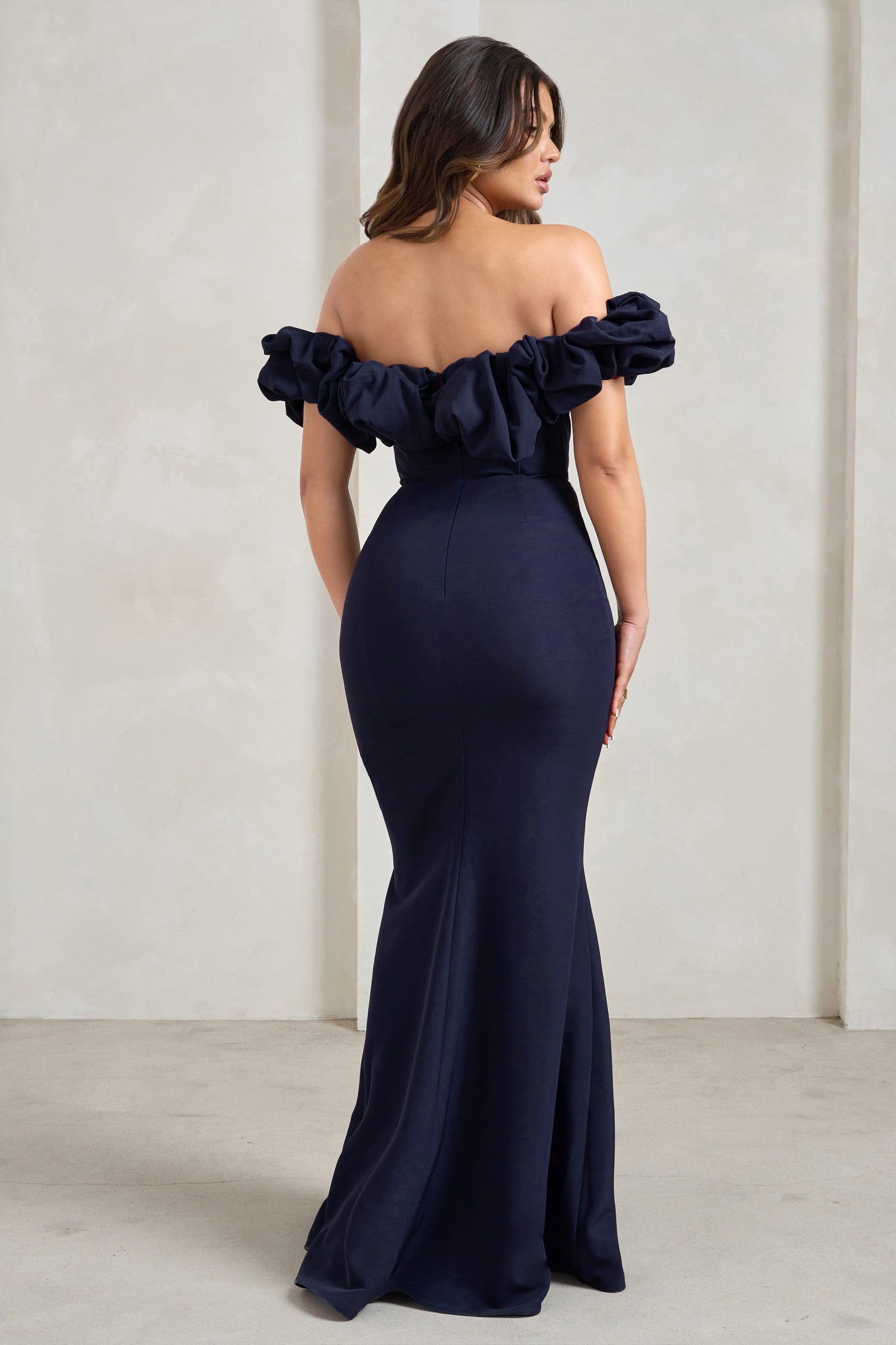 Navy Bardot Thigh Split Maxi Dress – Club L London