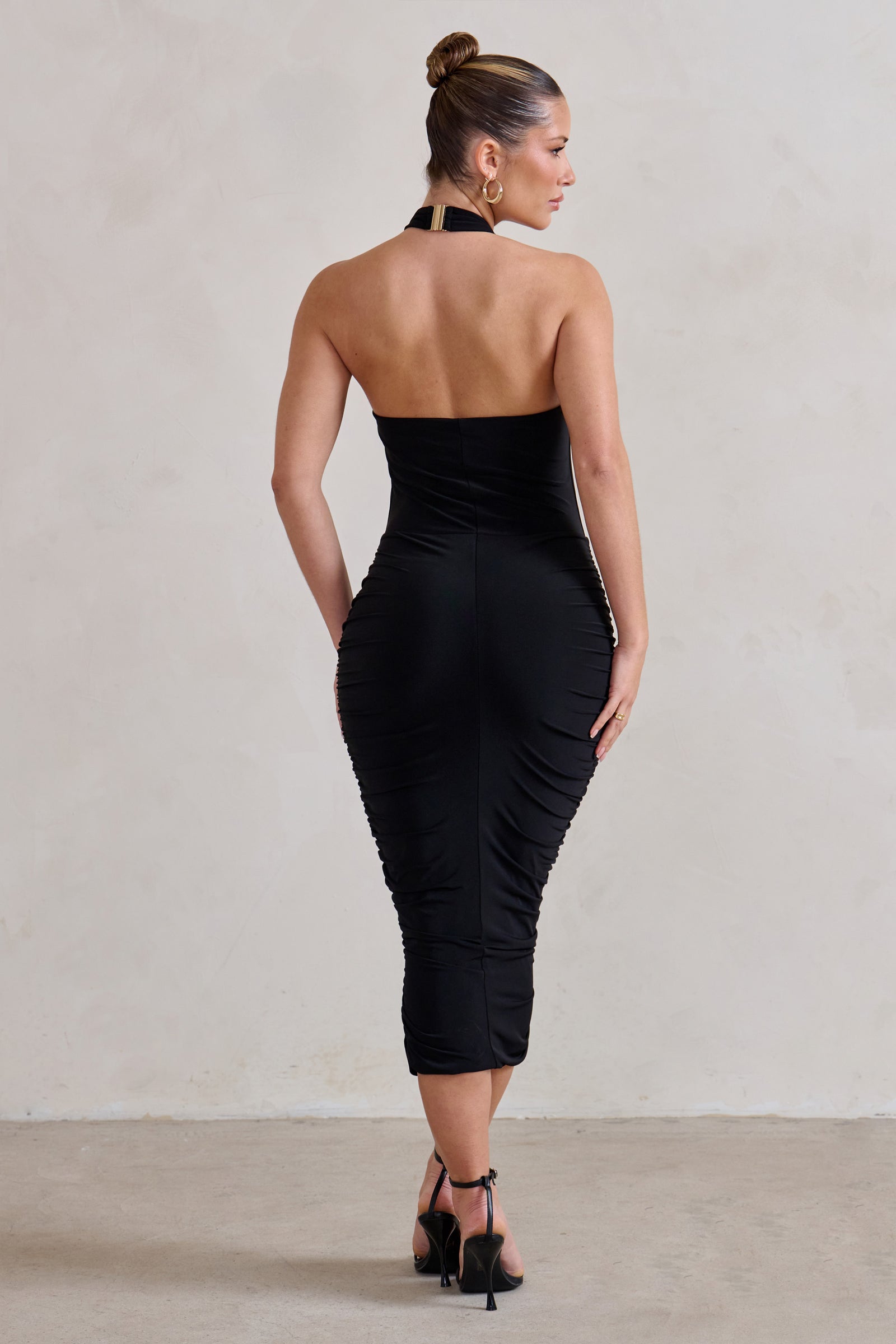 Saffy Black Cami Mesh Ruched Midi Dress – Club L London - USA