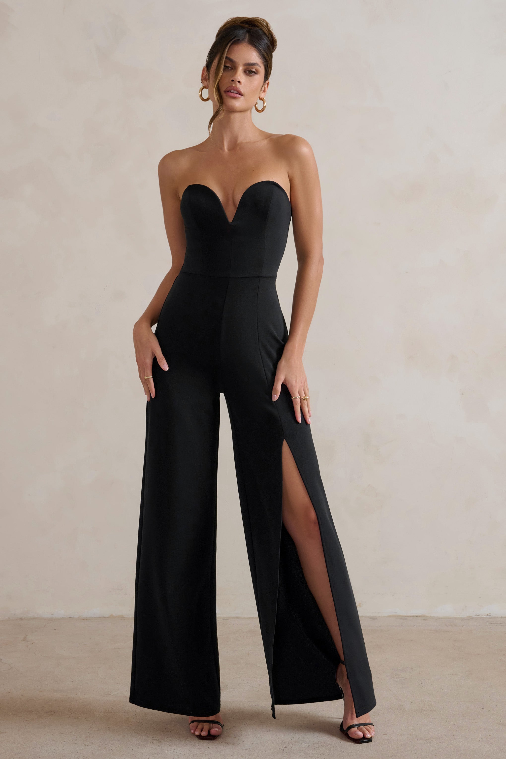 Tory | Black Strapless Sweetheart Wide Leg Jumpsuit With Split