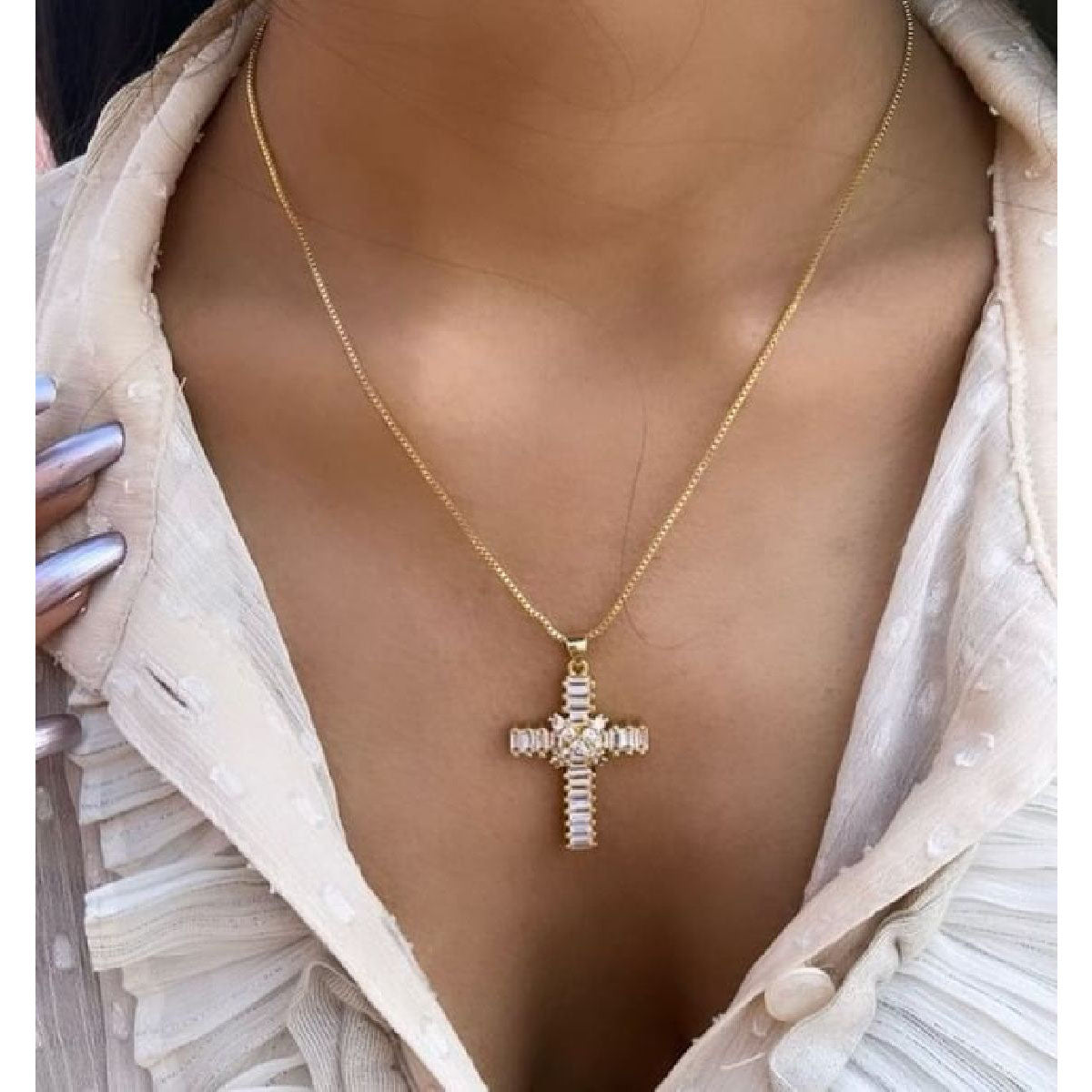 Baguette Copper Cubic Zirconia Gold Jesus Cross Pendant Chain ...