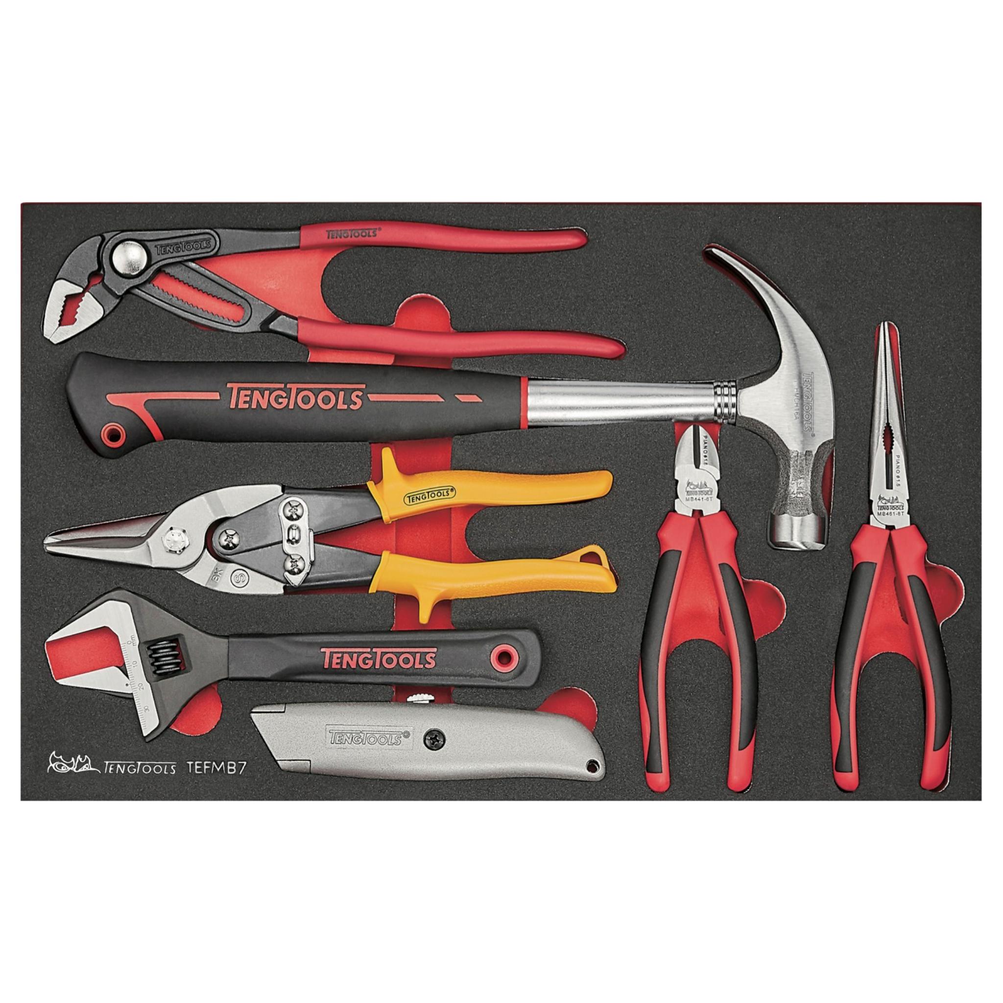 Teng Tools 7 Piece Claw Hammer, Adjustable Wrench, Utility Knife, Tin Snips And Plier EVA Foam Tray - TEFMB7