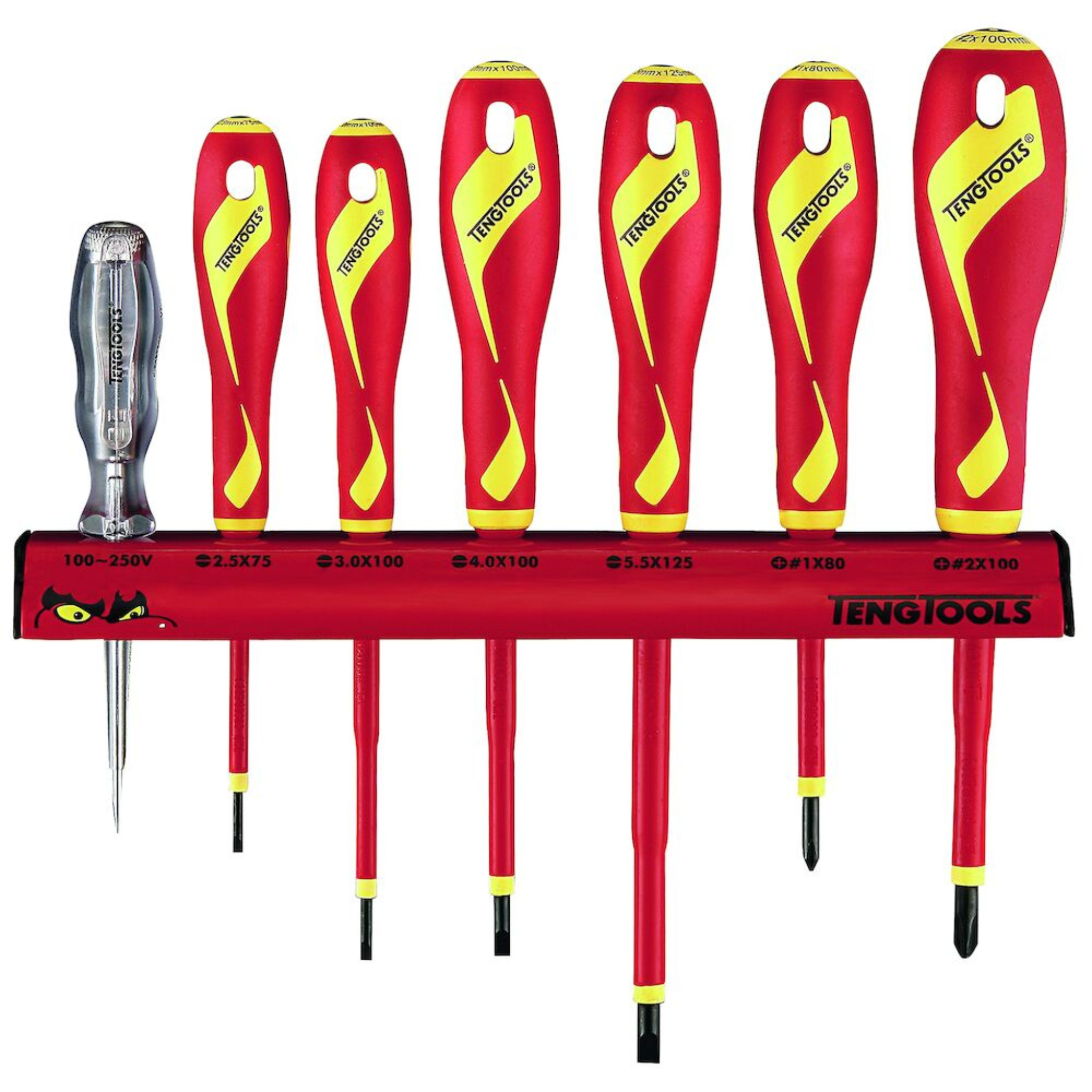 Teng Tools 7 Piece 1000 Volt Insulated Mixed Slotted/Flat, Phillips (PH) & Voltage Tester Screwdriver Wall Rack - WRMDV07N
